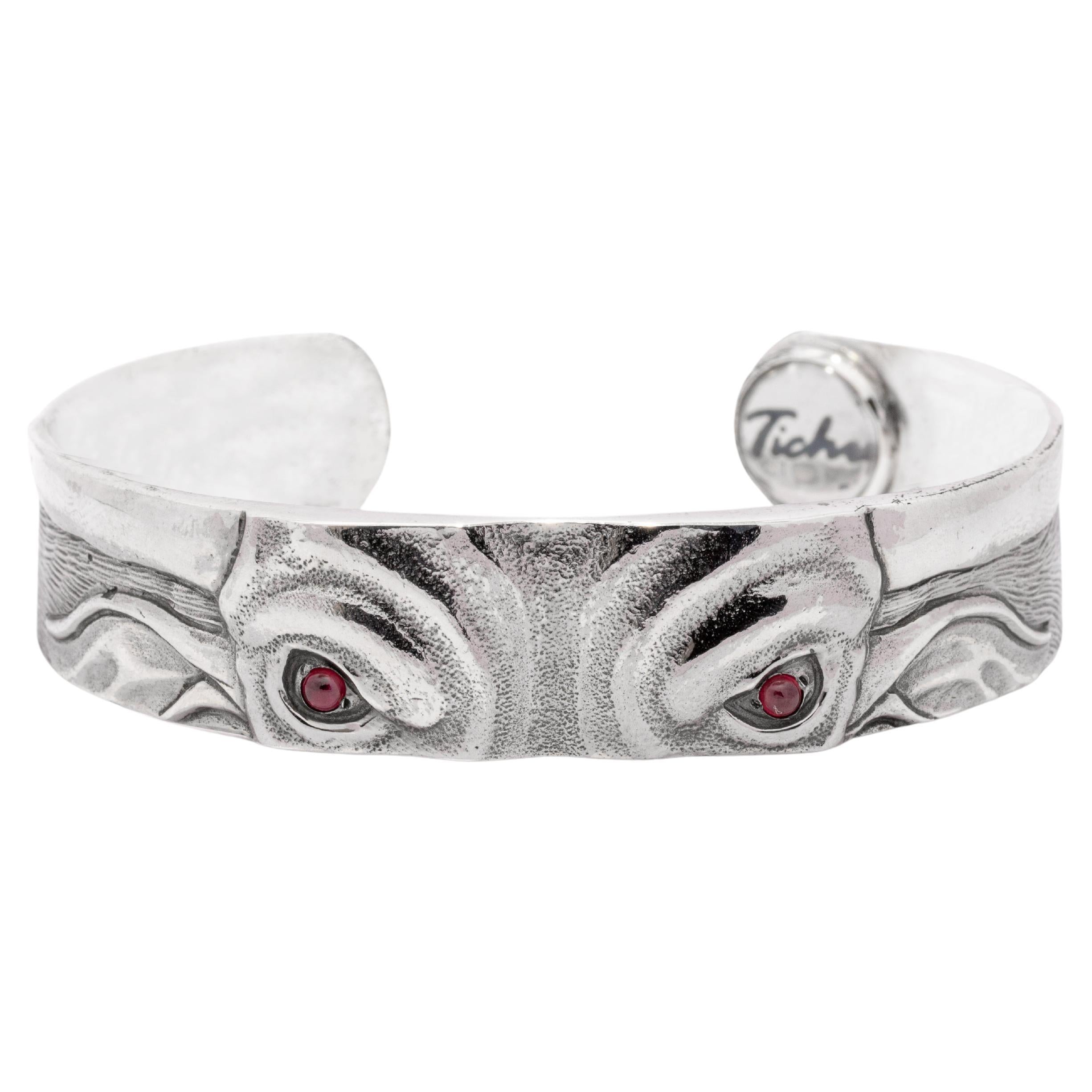 Tichu Ruby Bull & Bear Eyes Cuff in Sterling Silver and Crystal Quartz 'Size L' For Sale