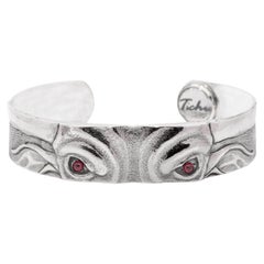 Tichu Ruby Bull & Bear Eyes Cuff in Sterling Silver and Crystal Quartz 'Size L'