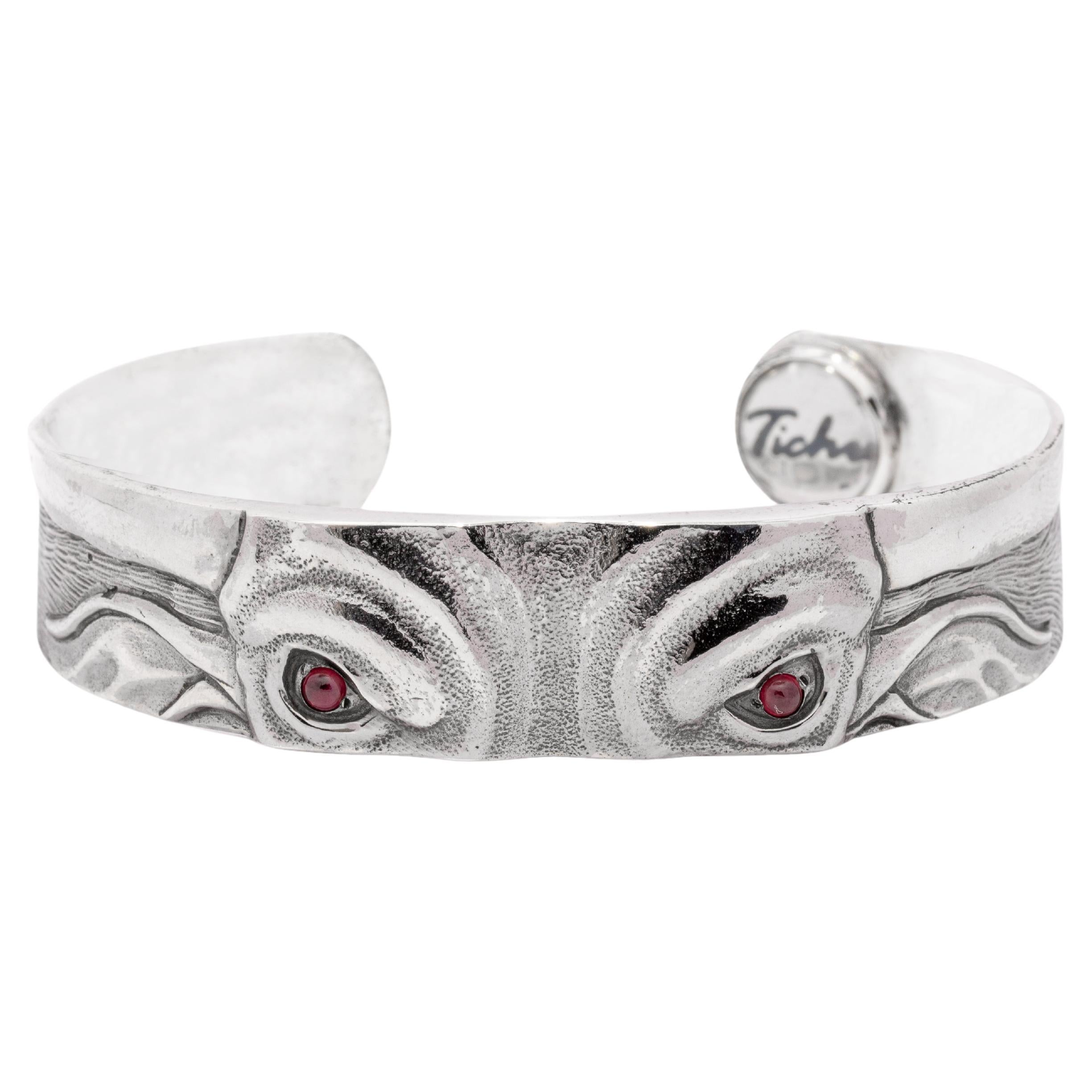 Tichu Ruby Bull & Bear Eyes Cuff in Sterling Silver and Crystal Quartz 'Size M' For Sale