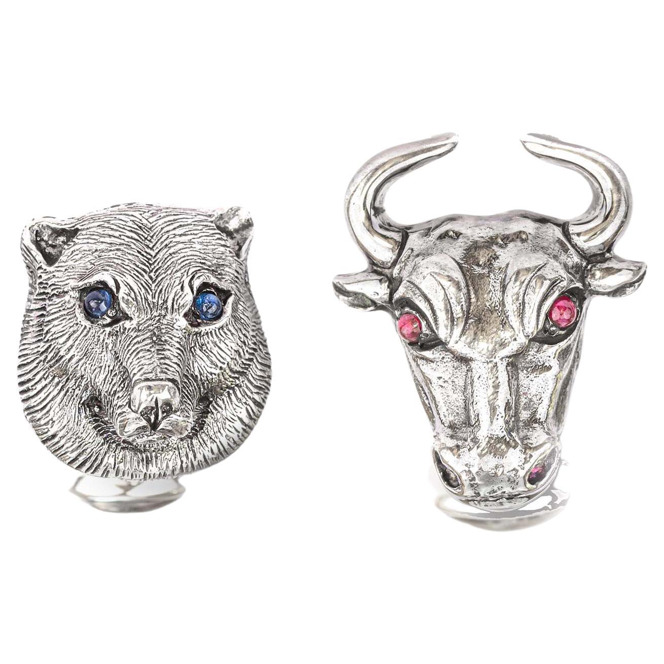 Tichu Ruby Bull Face and Blue Sapphire Bear Face Cufflink in Sterling Silver For Sale