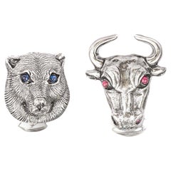 Tichu Ruby Bull Face and Blue Sapphire Bear Face Cufflink in Sterling Silver