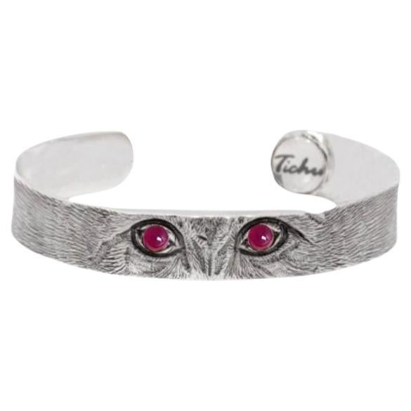 Tichu Ruby Cat Eyes Cuff in Sterling Silver and Crystal Quartz 'Size S' For Sale