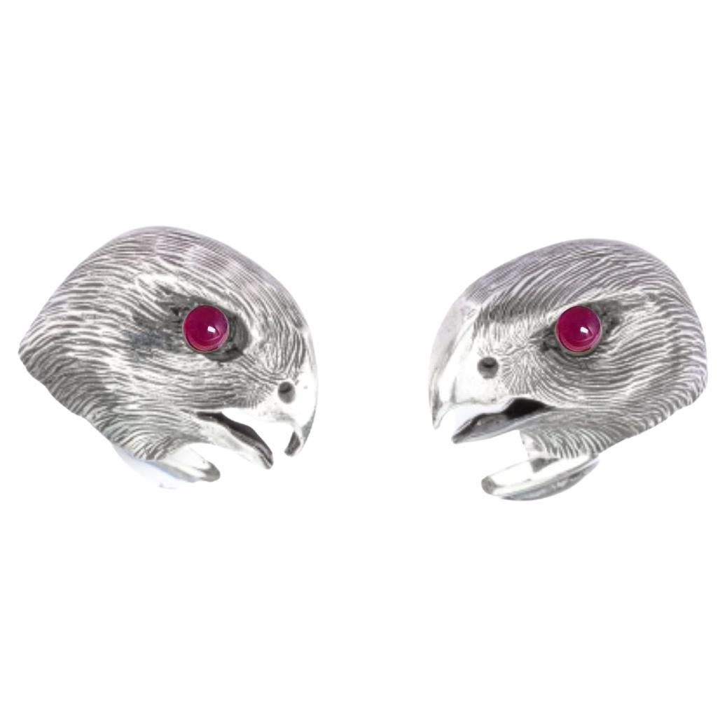 Tichu Ruby Falcon Face Cufflink in Sterling Silver