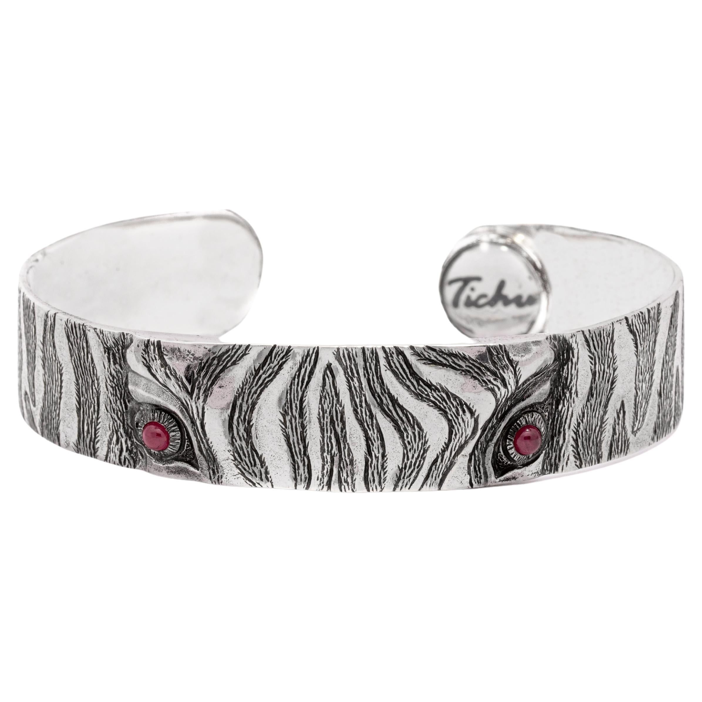 Tichu Ruby Zebra Eye Cuff Sterling Silver and Crystal Quartz Size S For Sale