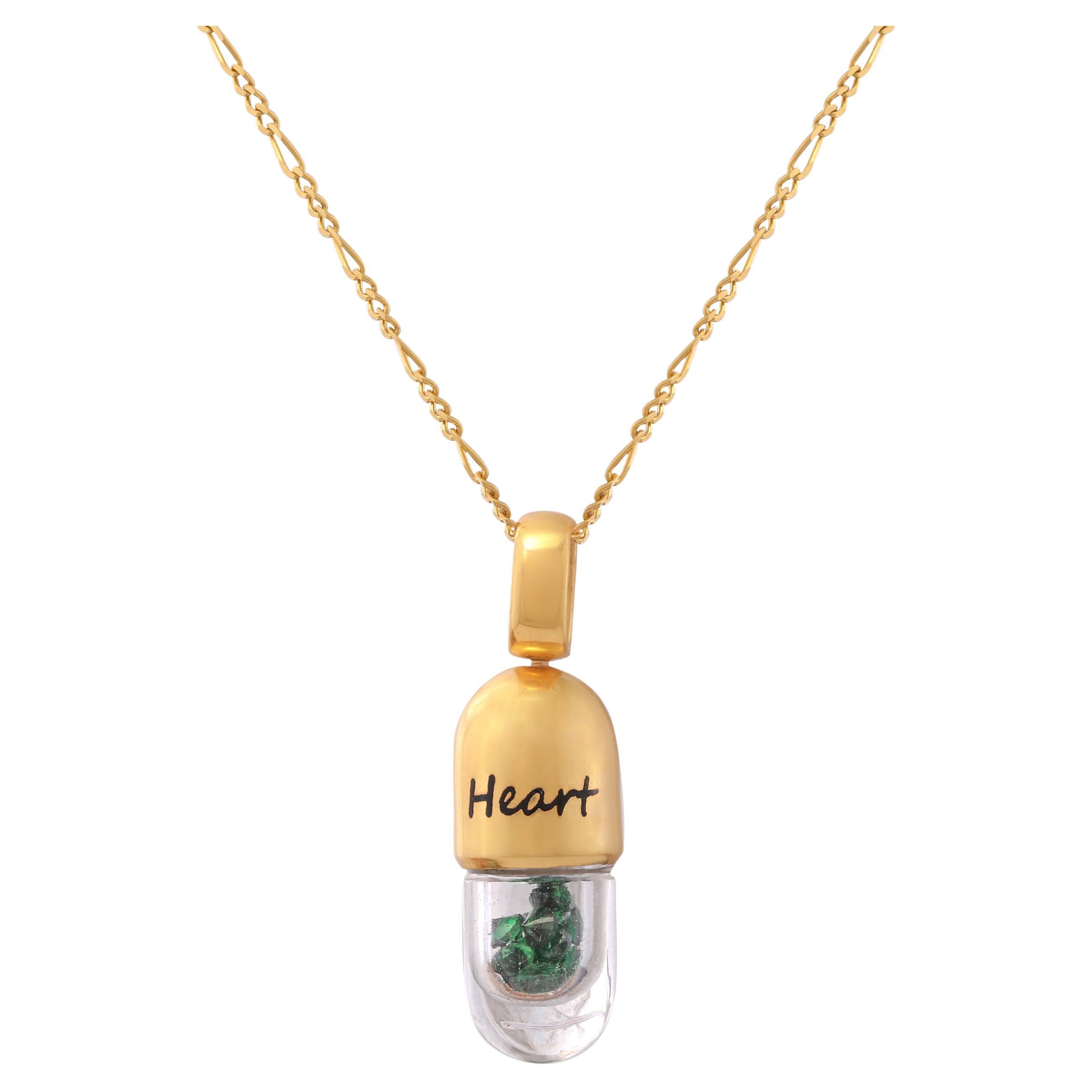 Tichu Tsavorite Heart Chakra Pendant & Chain in Sterling Silver & Crystal (gold) For Sale