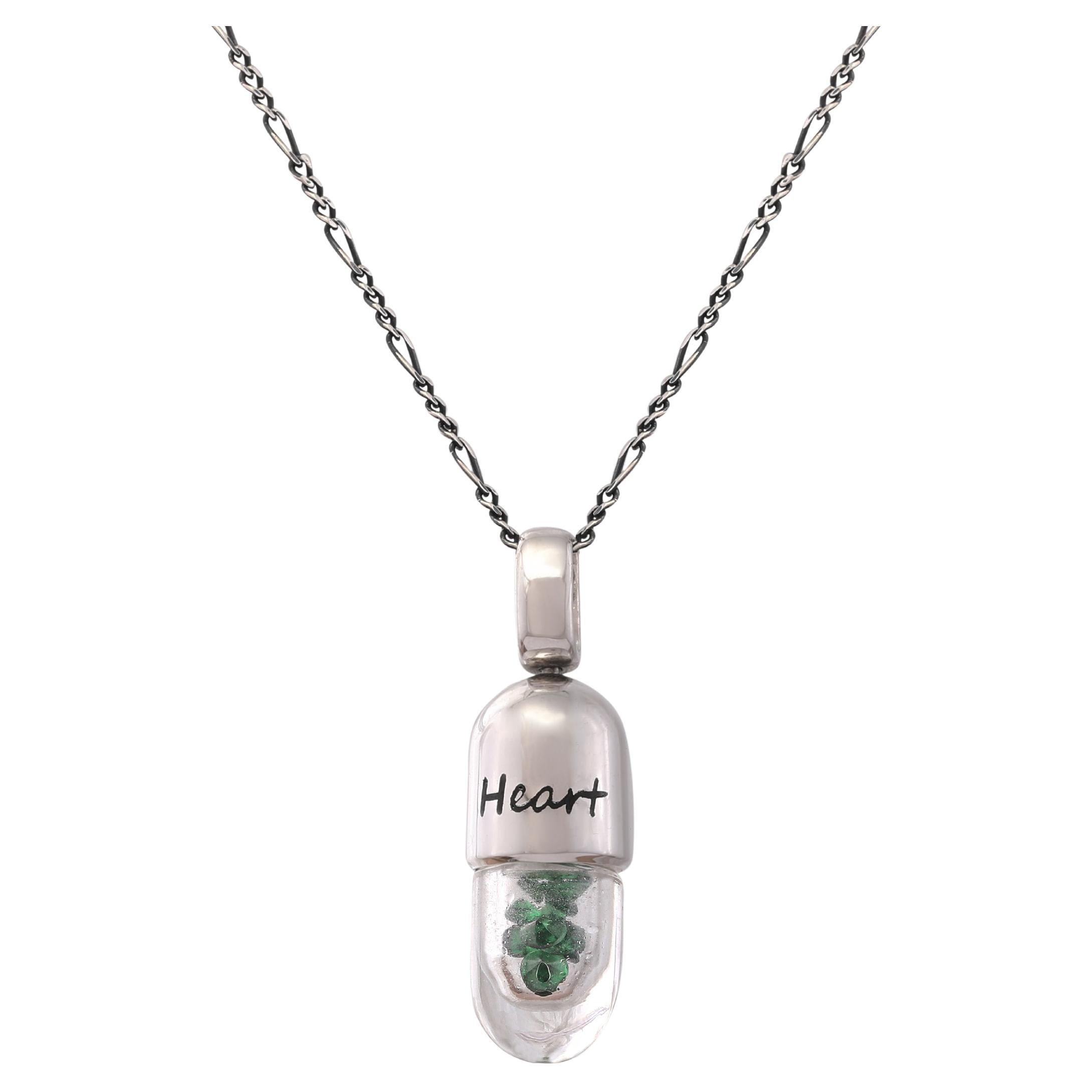 Tichu Tsavorite Heart Chakra Pendant & Chain in Sterling Silver & Crystal(sil)  For Sale
