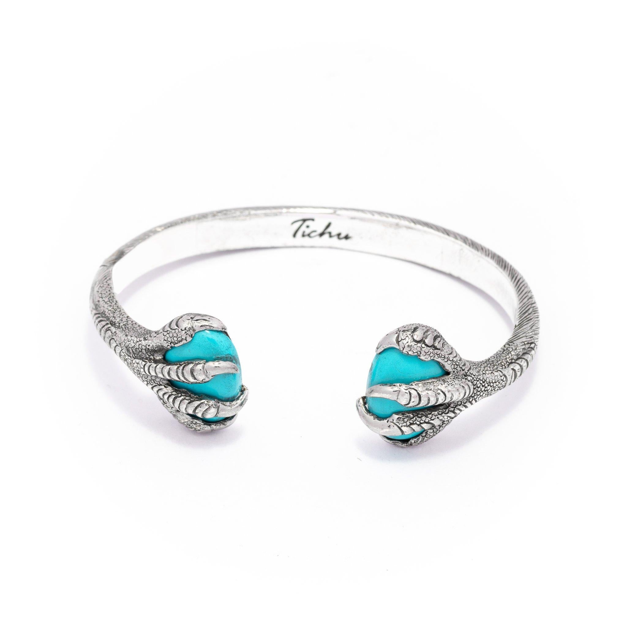 Cabochon Tichu Turquoise Eagle Claw Cuff in Silver Sterling & Crystal Quartz, Size 'L' For Sale