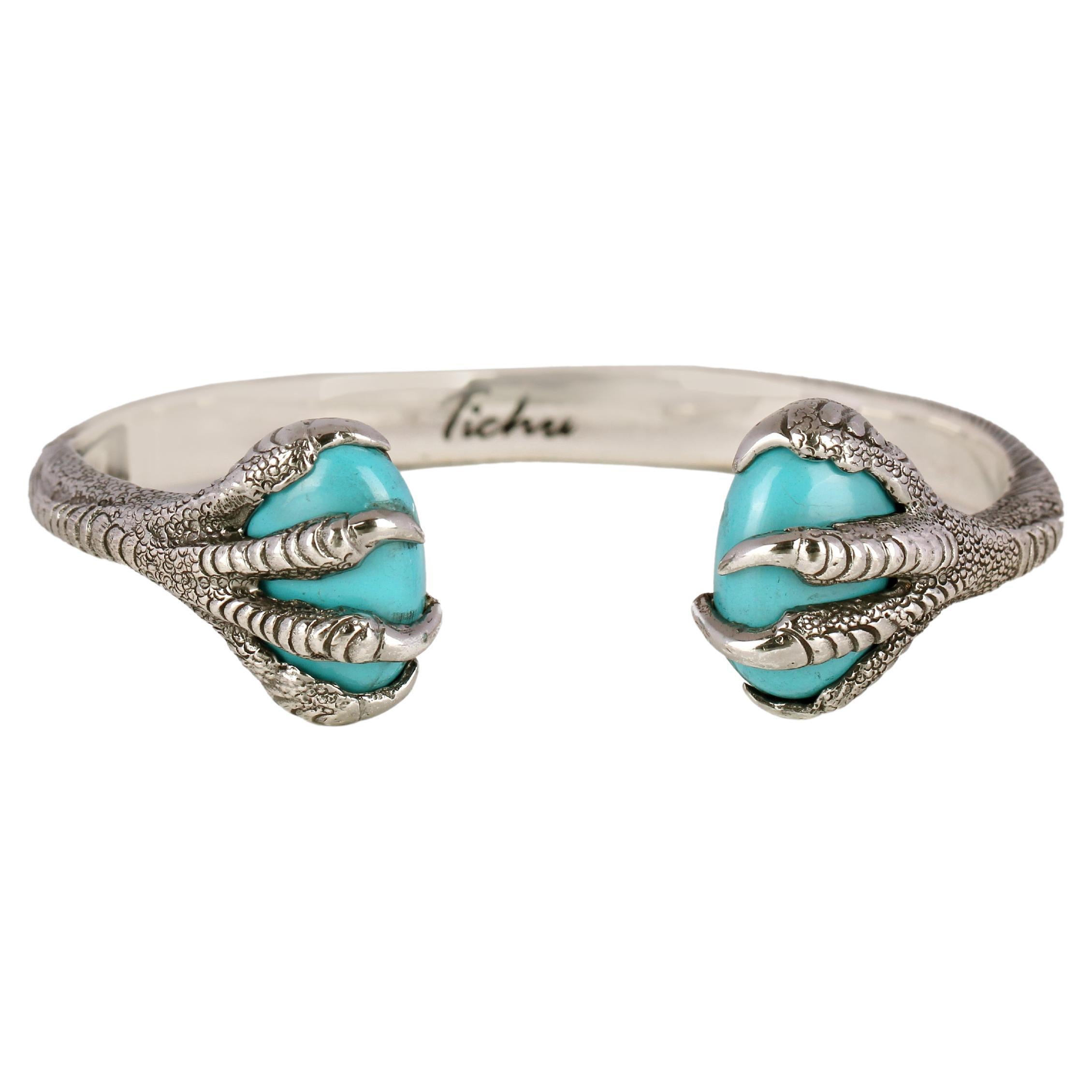 Tichu Turquoise Eagle Claw Cuff in Silver Sterling & Crystal Quartz, Size 'S' For Sale