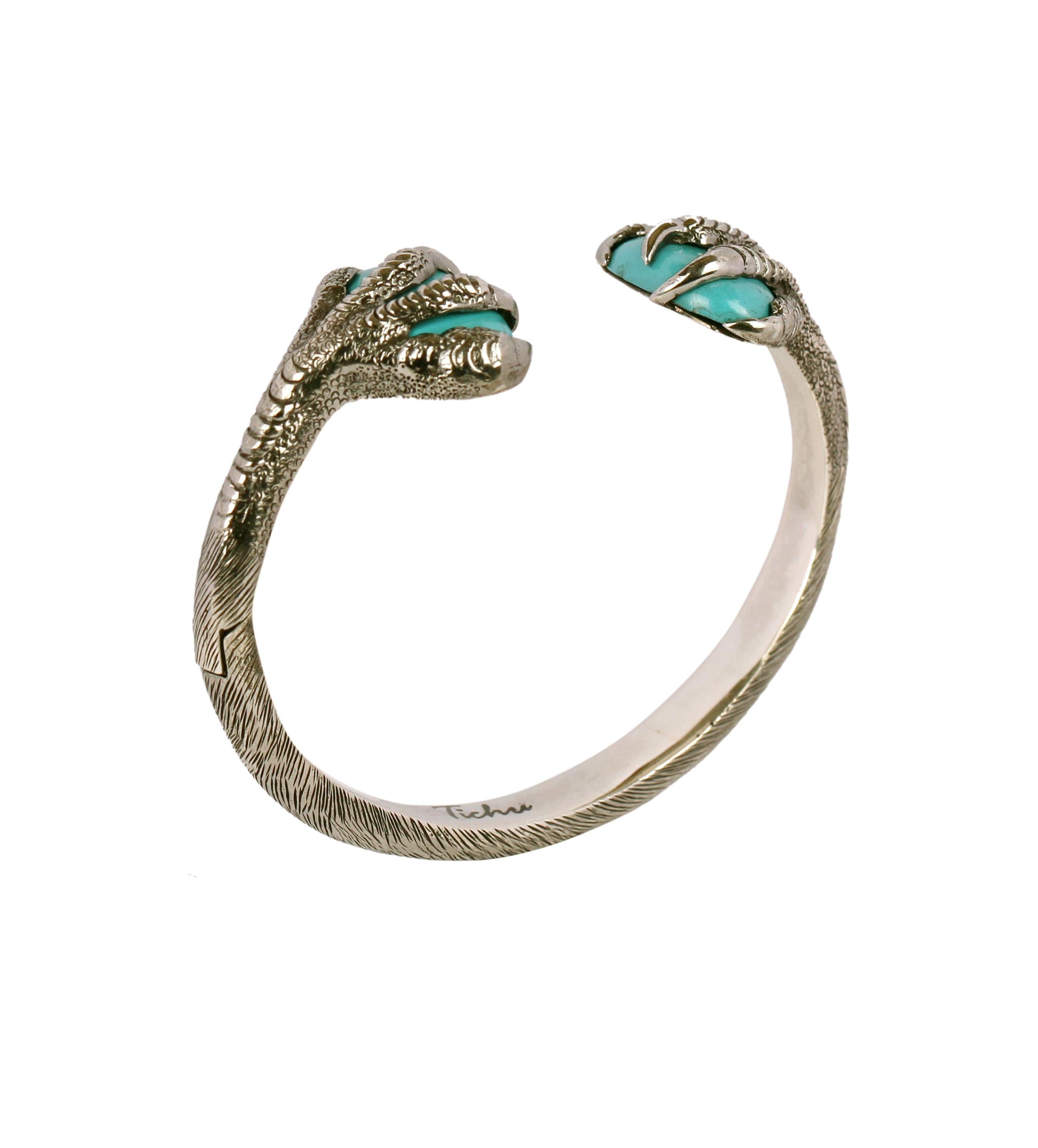 Cabochon Tichu Turquoise Eagle Claw Cuff in Sterling Sliver and Crystal Quartz 'Size L' For Sale