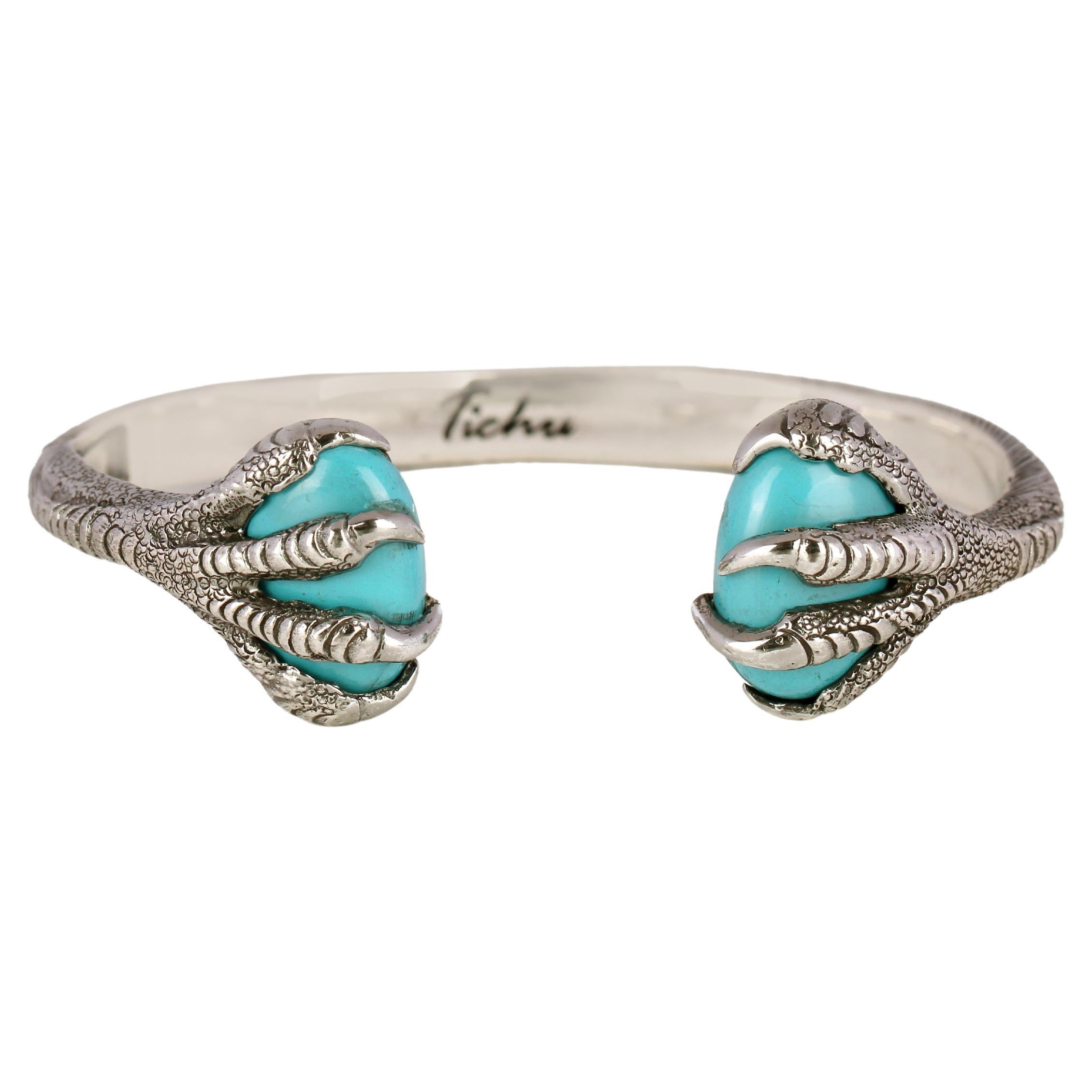 Tichu Turquoise Eagle Claw Cuff in Sterling Sliver and Crystal Quartz 'Size S' For Sale