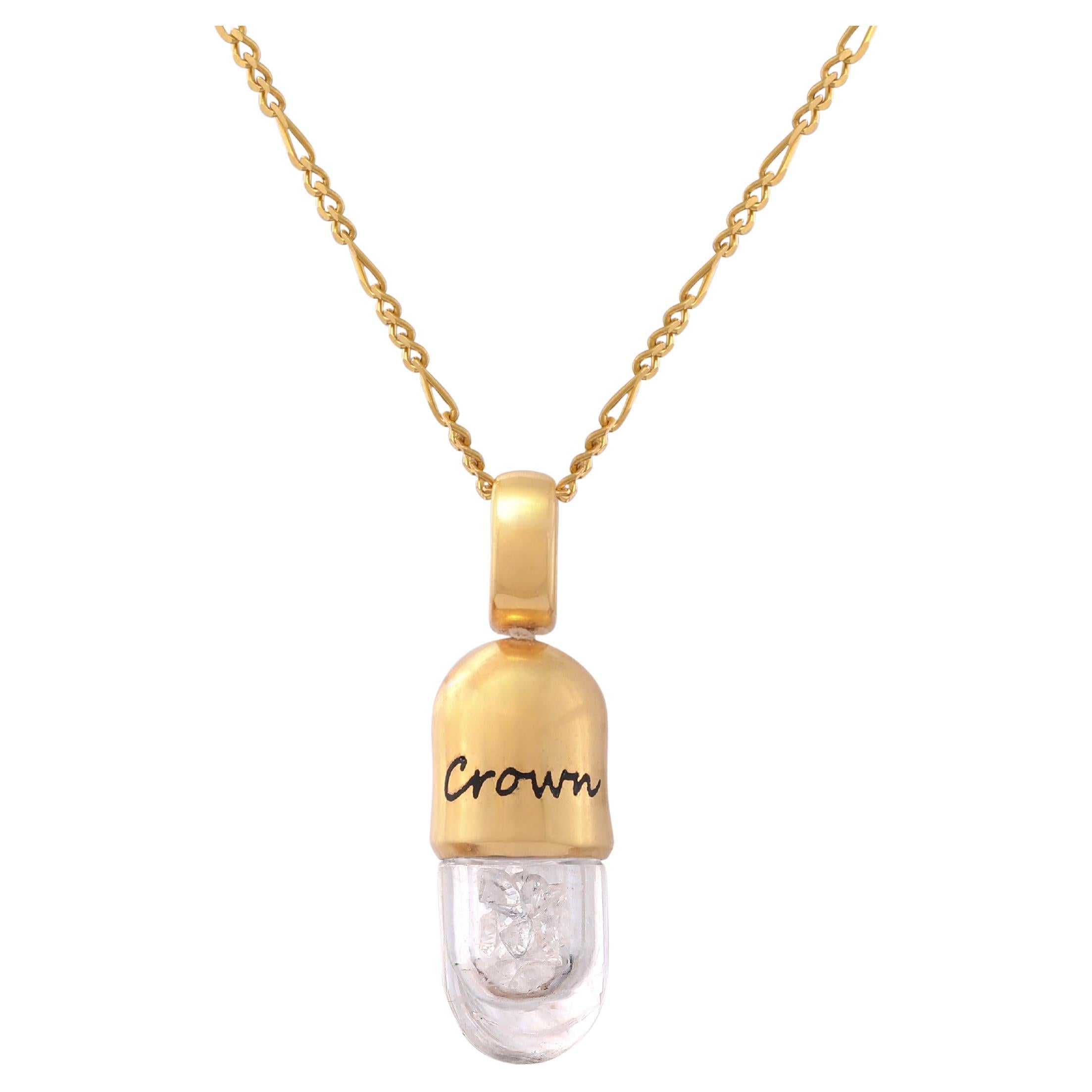 Tichu White Sapphire Crown Chakra Pendant & Chain in 925 Silver & Crystal (gold) For Sale