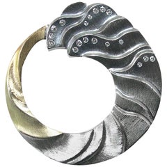 Tidal Pin or Pendant with Yellow and Green Gold and Oxidized Sterling Silver
