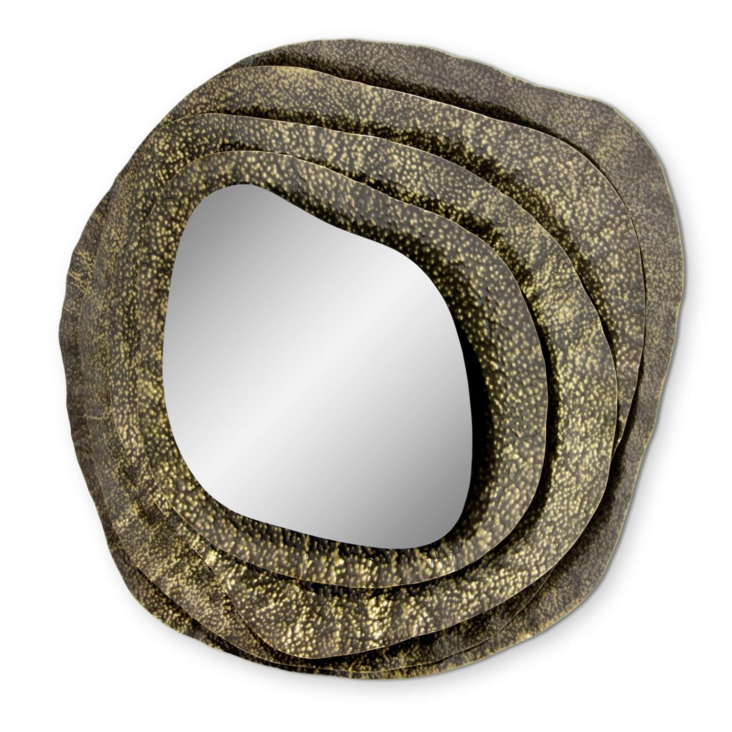 Miroir rond avec structure en bois massif
laiton brossé martelé avec une finition brillante,
avec 4 cadres nivelés. Avec un ovale plat irrégulier
verre miroir.
 