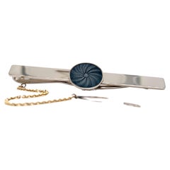 Tie Holder - 18k White Gold - Round Falcon Grey Enamel Disc with Guilloche