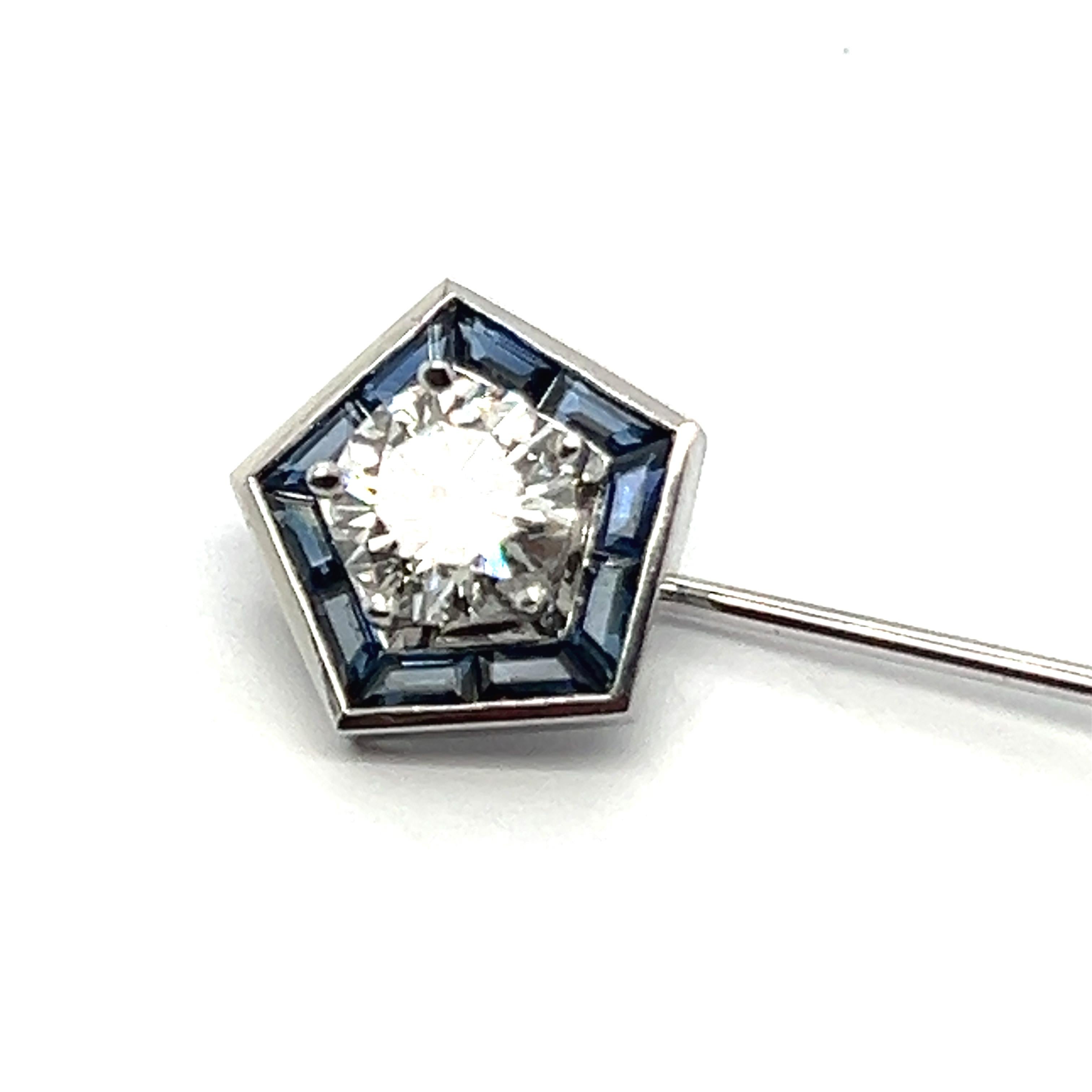 Tie Pin Brooch with Diamond & Blue Sapphires in 18 Karat White Gold by Gübelin For Sale 1