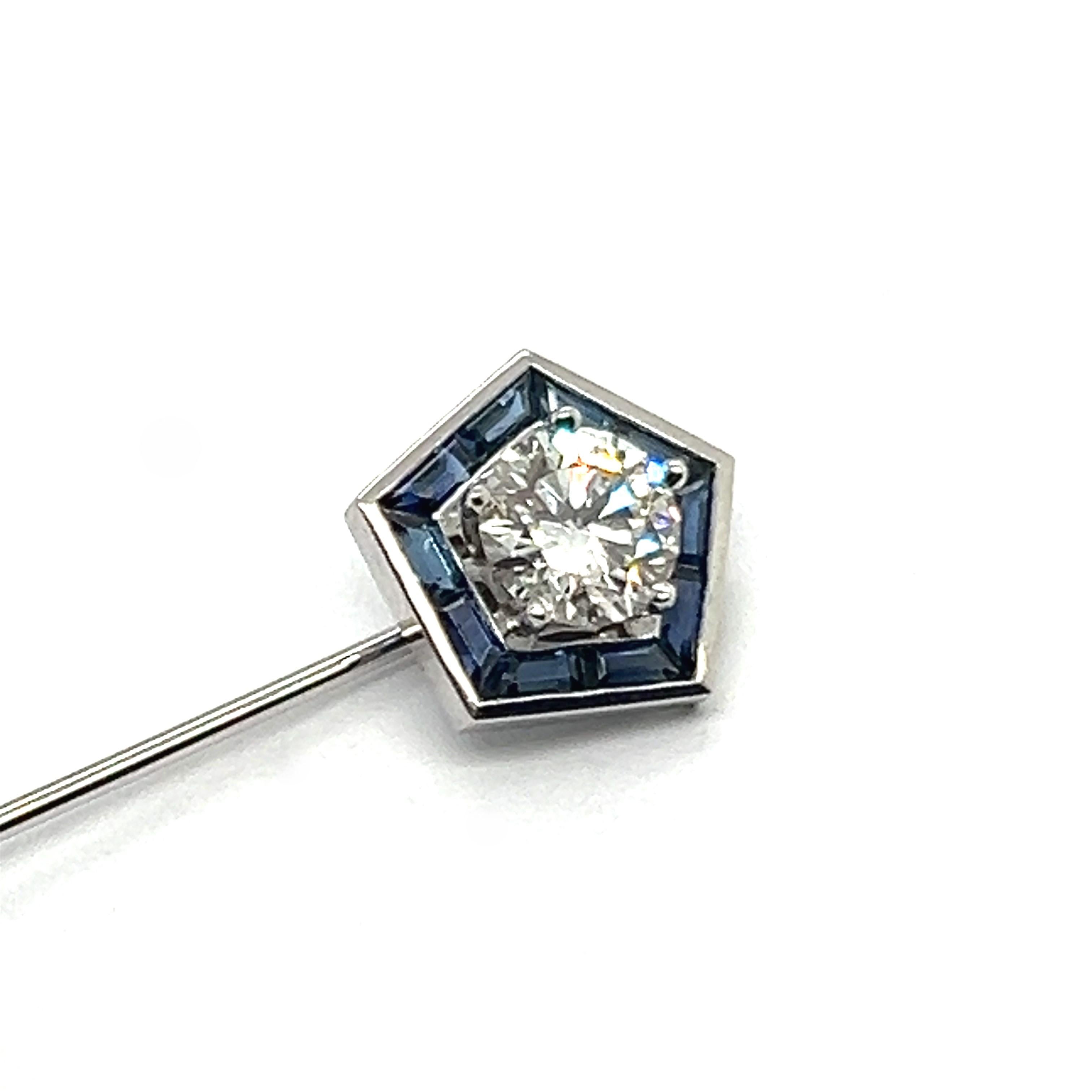 Tie Pin Brooch with Diamond & Blue Sapphires in 18 Karat White Gold by Gübelin For Sale 2