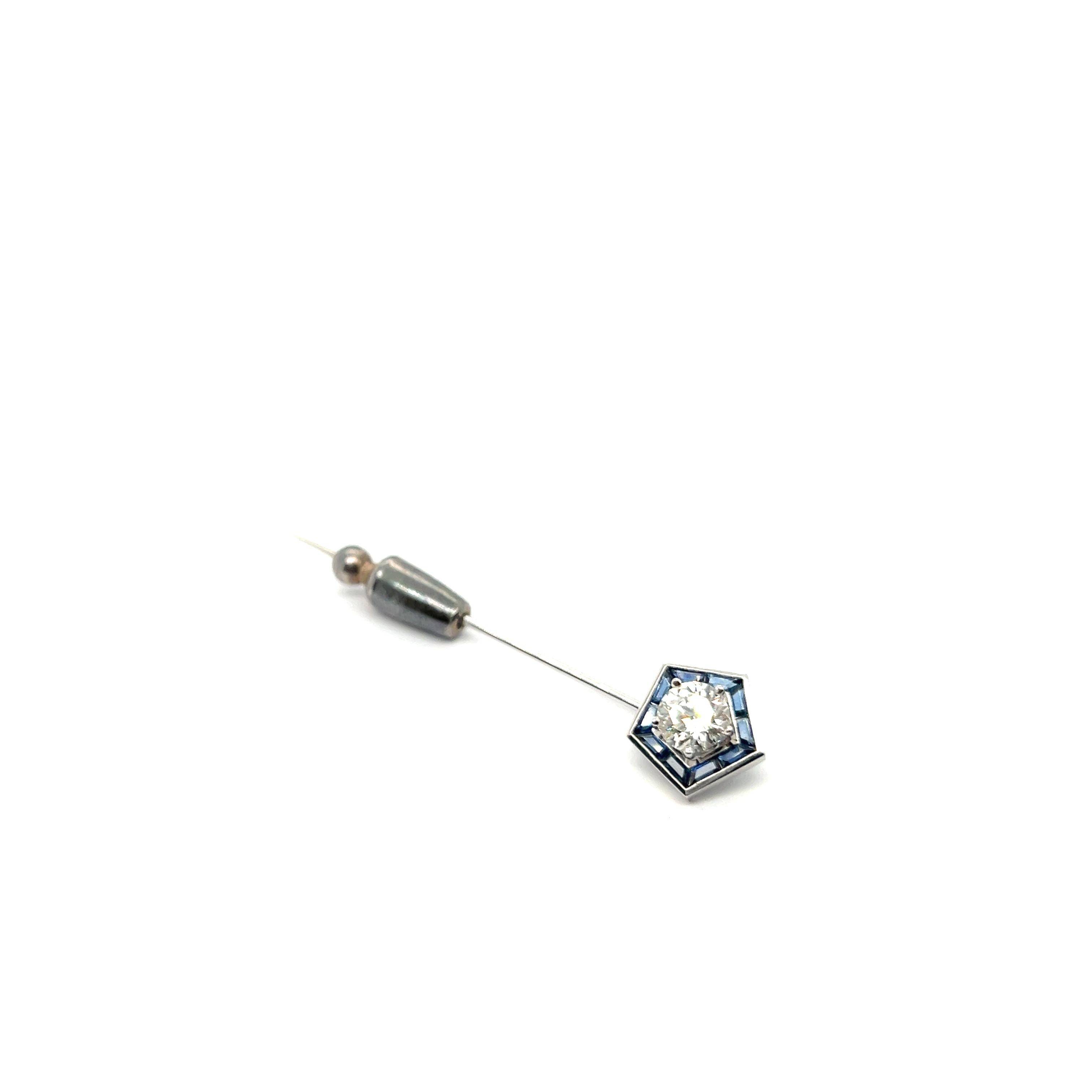 Tie Pin Brooch with Diamond & Blue Sapphires in 18 Karat White Gold by Gübelin For Sale 3