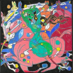Emerald Lady II, technique mixte originale sur papier fait main, 27,5 x 27,5 pouces. Encadré