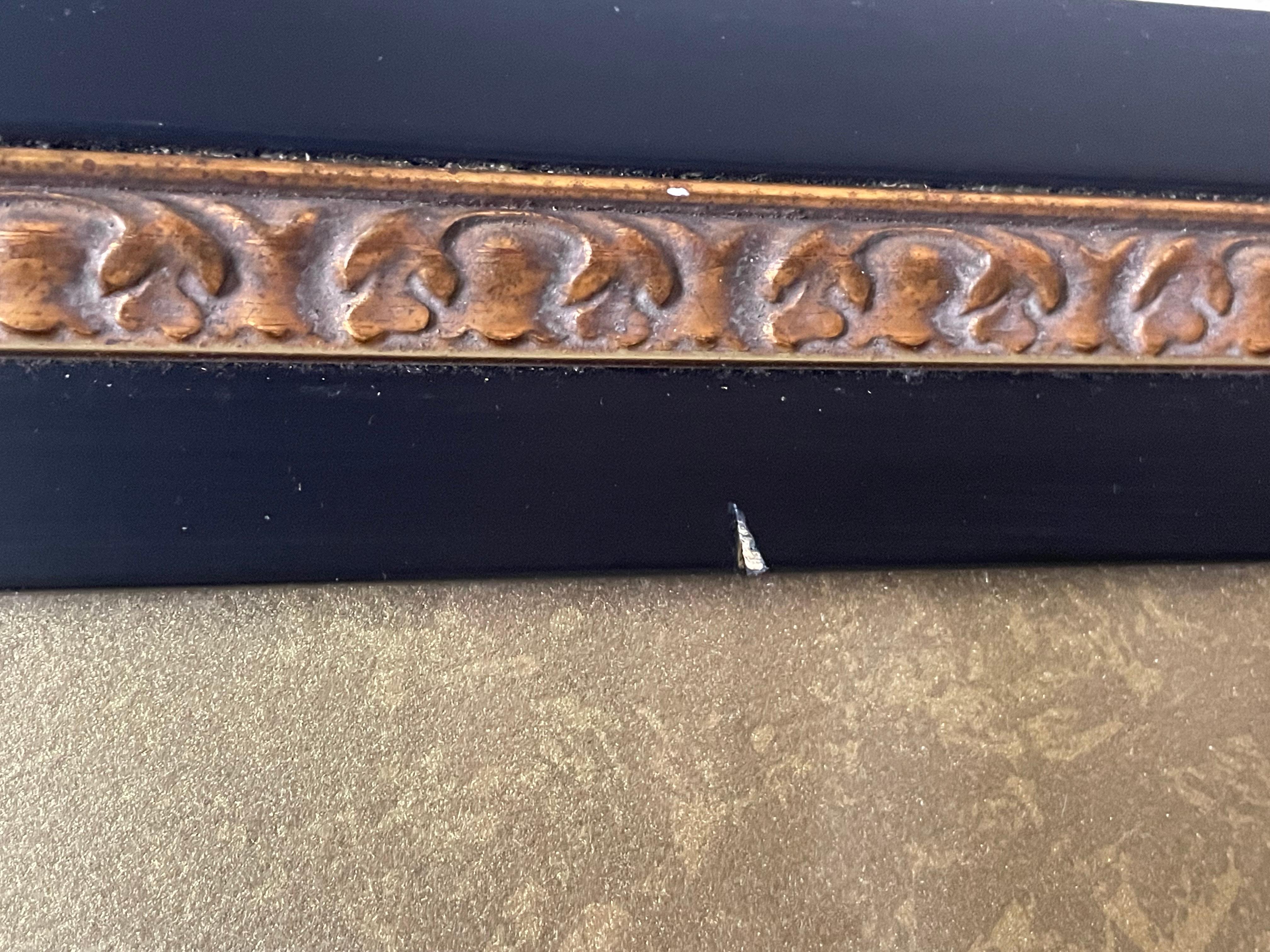 ﻿Ware on the frame. Some scratches, one small chip. I would put good or fair condition. Picture itself is in excellent condition
Frame: 34 x 19 x 1
Picture: 29.5 x 14.5

