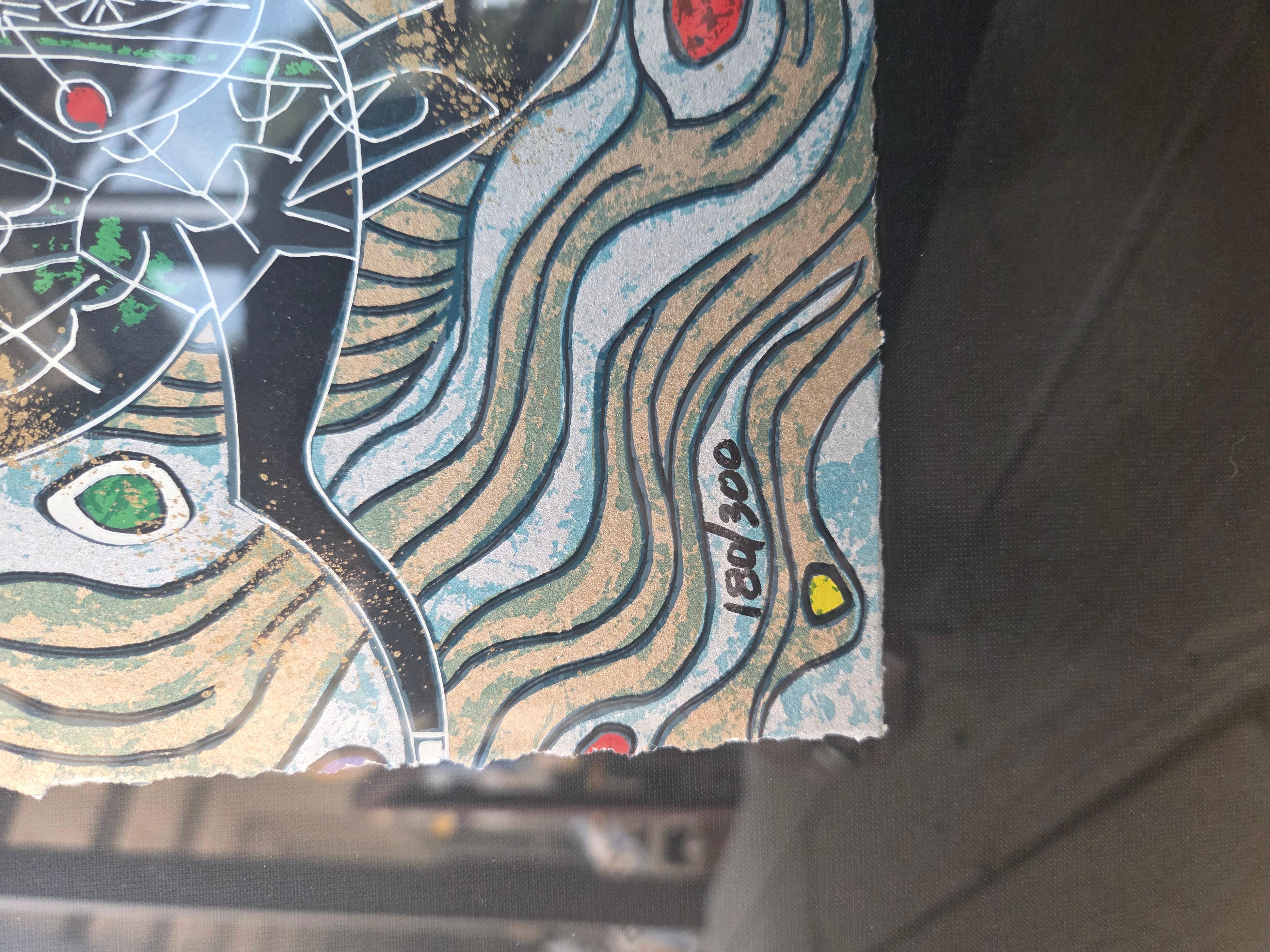 Serigrafía sobre papel
Tamaño de página: 12 x 12 pulg.
Hoja de oro Tamaño del marco: 21 x 21 pulg.
Firmado a mano, abajo a la derecha con rotulador negro
Numerado a mano, abajo a la izquierda en rotulador negro 