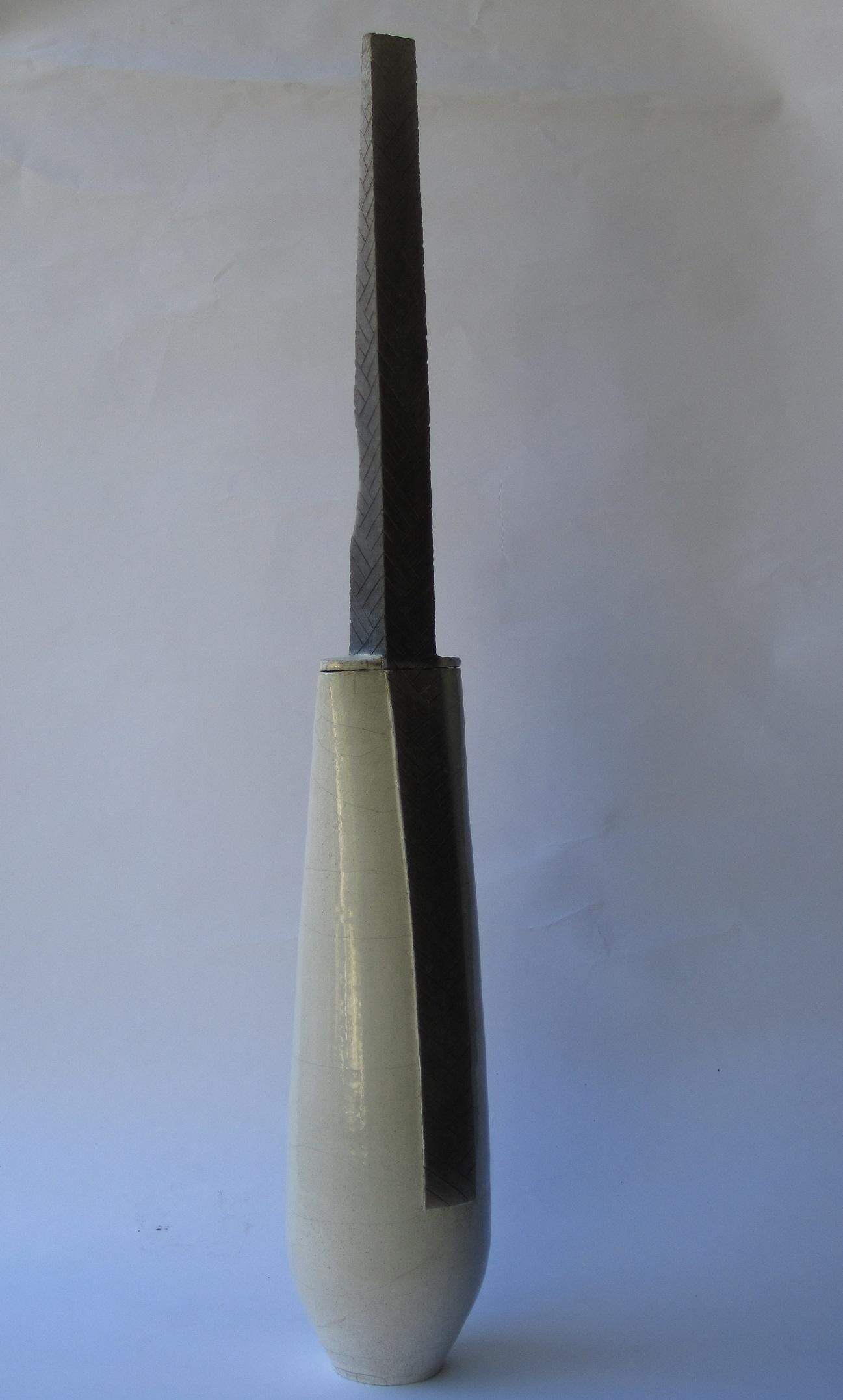 White Totem by Tien Wen - Abstract ceramic sculpture, raku, black & white, pure For Sale 6