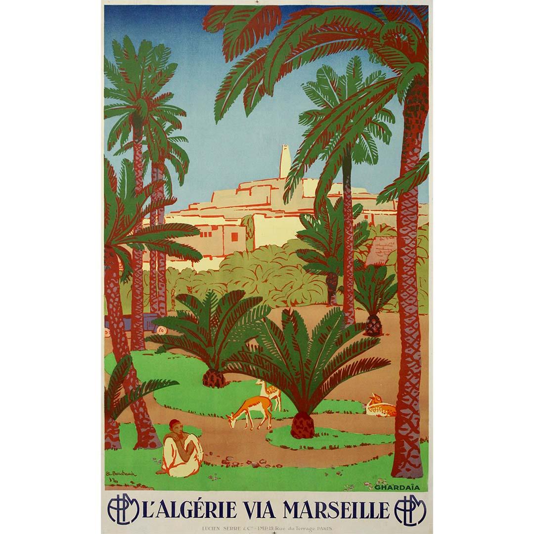 This beautiful circa 1925 original travel poster by Étienne Bouchaud was created for the famed PLM (Paris-Lyon-Méditerranée) railway company, promoting journeys to Algeria via Marseille. It highlights Ghardaïa, one of the most evocative oasis towns
