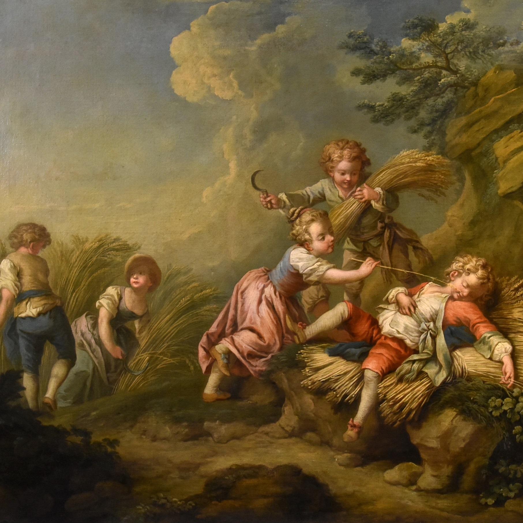 Étienne Jeaurat (Vermenton 1699 - Versailles 1789)
Game of children intent on harvesting grain (Allegory of Summer)

Mid-18th century

Oil on canvas
97 x 129 cm - Framed cm. 112 x 145


We present here a splendid painting, traditionally attributed