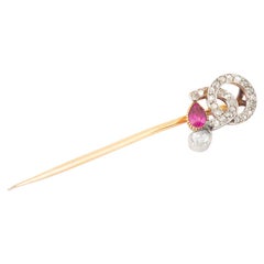 Antique Tie Pin in Platinum with Ruby & Diamond Drop, French circa 1900