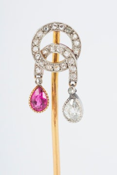 Antique Tie Pin in Platinum with Ruby & Diamond Drop, French circa 1900