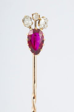 Antique Tie Pin with Pear Shaped Burma Ruby & Diamond Crown, French circa 1890