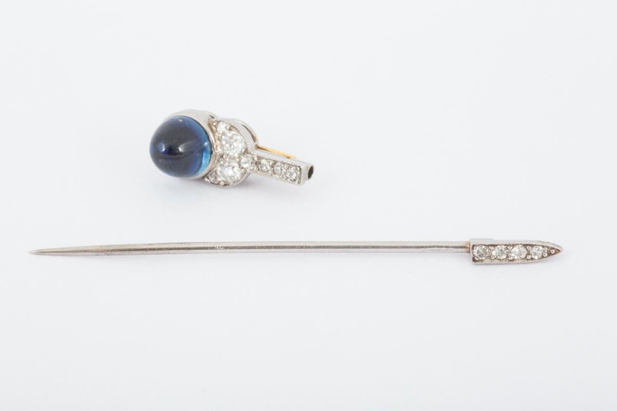 Round Cut  Cartier Tie Pin, Cabochon Sapphire & Diamonds in Platinum, French circa 1910