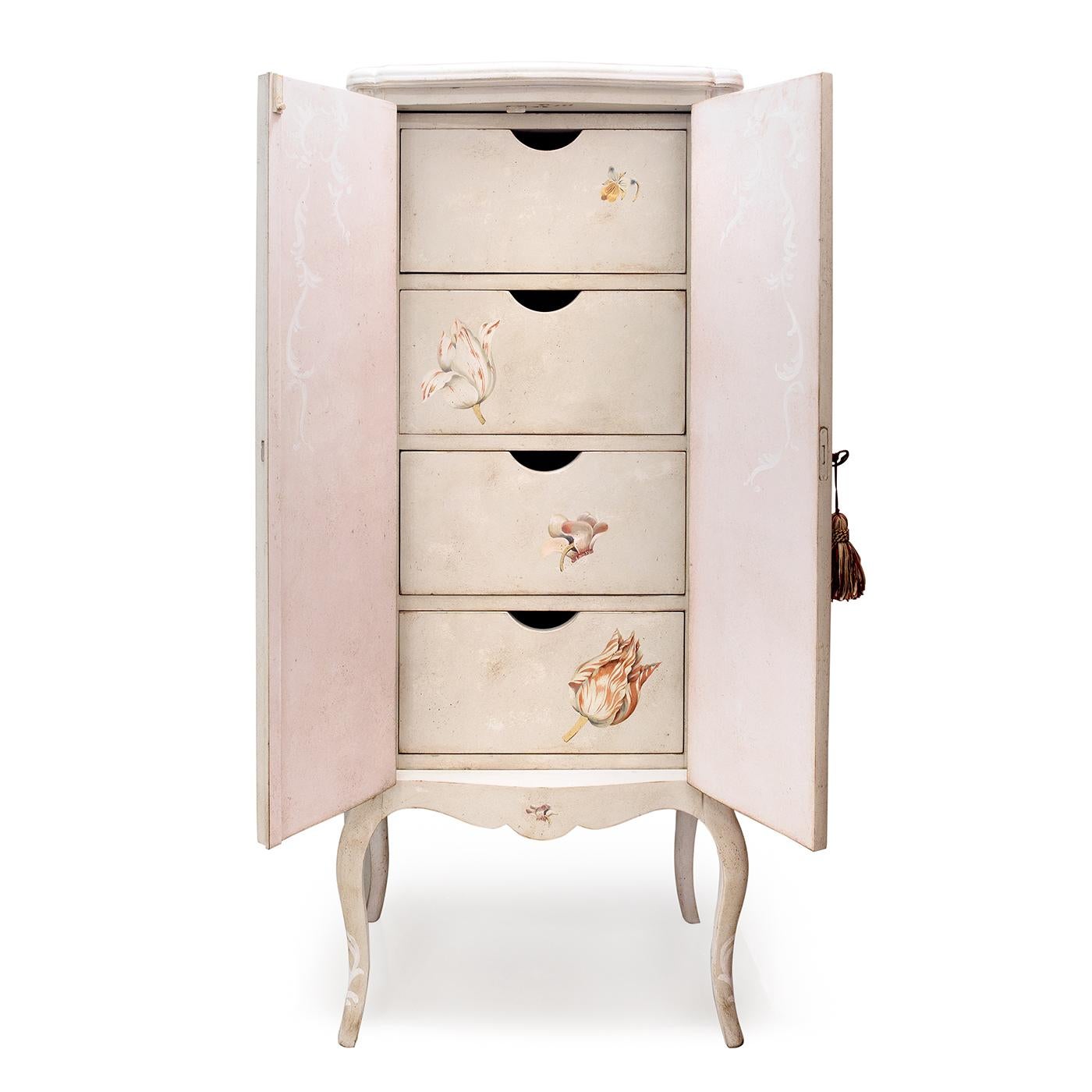 Entirely hand crafted and beautifully decorated using Venetian style techniques, the custom made Tiepolo Tall Cabinet is exceptionally stylish and charming in design. The colors and decorations can be applied according to the customer's requests in
