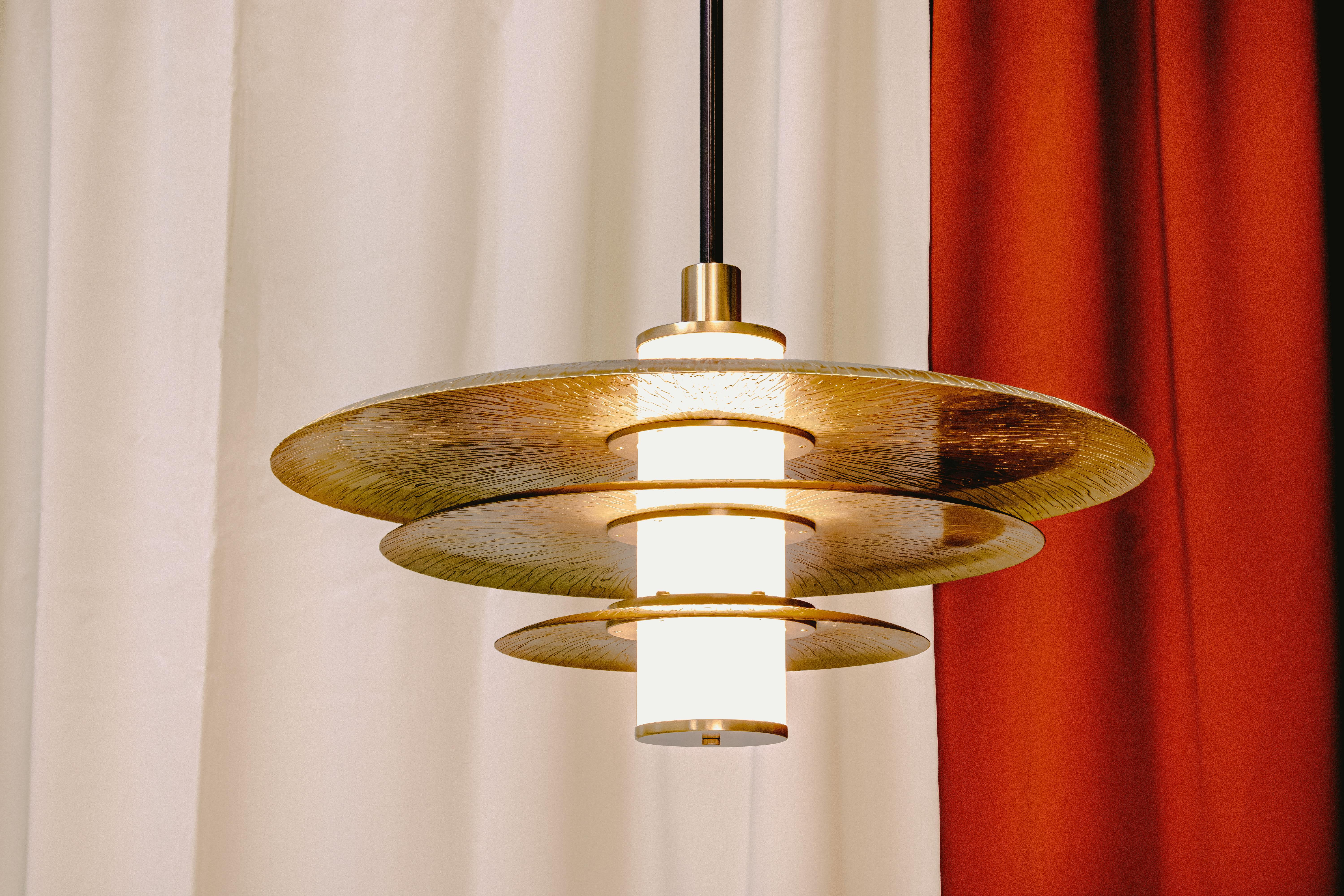 Hand-Crafted Tiered Arthur Pendant Light in Etched Brass, White Glass and Blackened Brass For Sale
