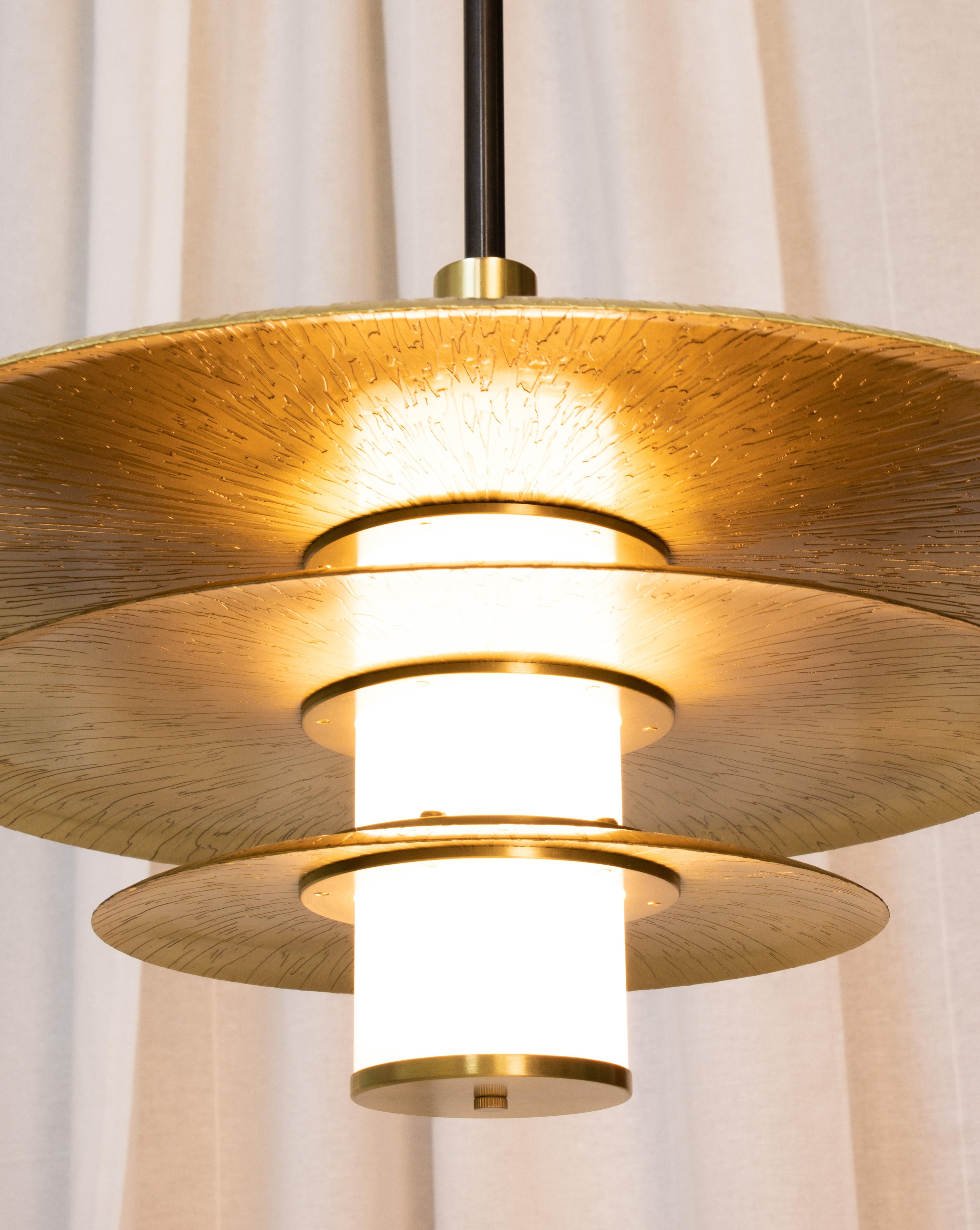 Tiered Arthur Pendant Light in Etched Brass, White Glass and Blackened Brass In New Condition For Sale In Brooklyn, NY