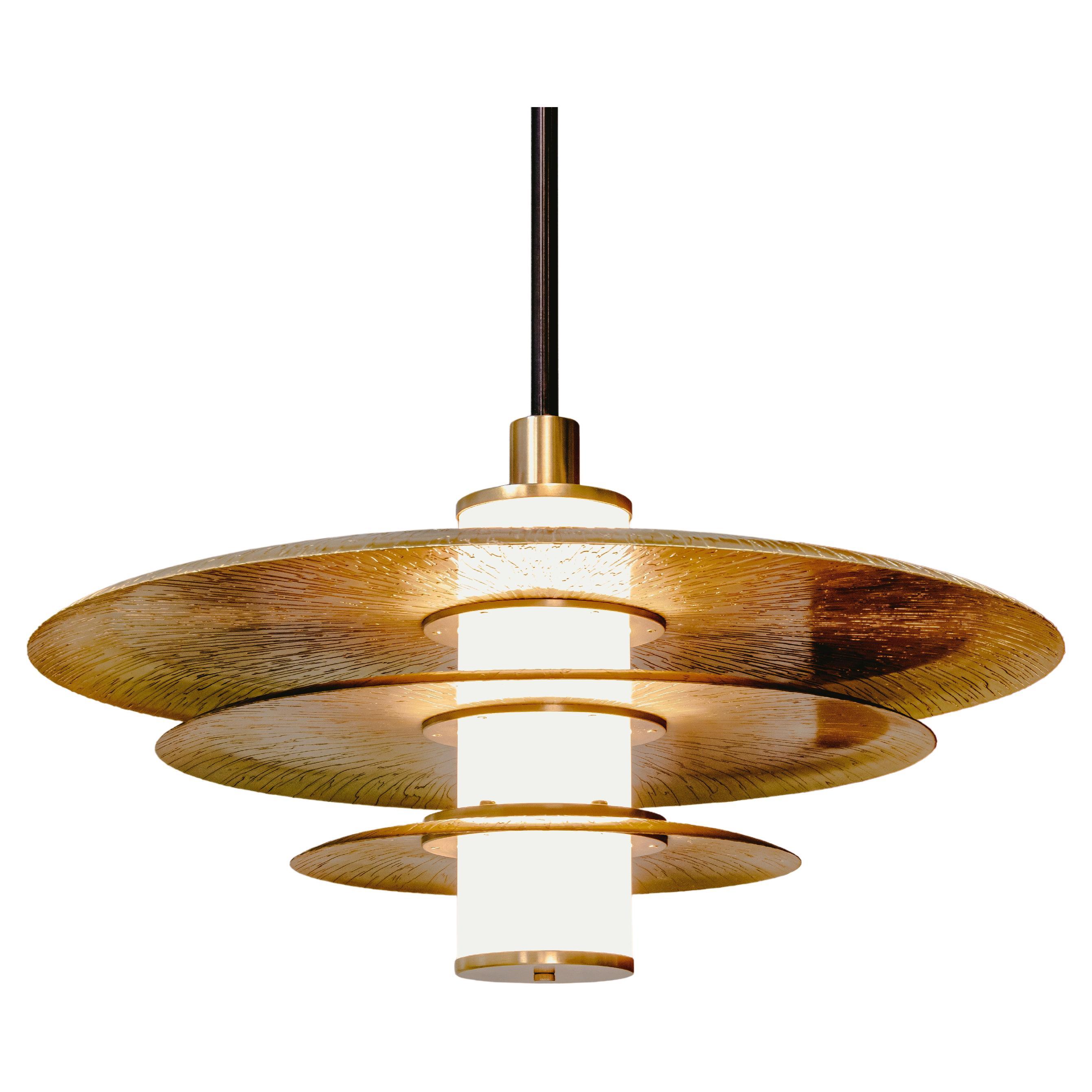 Tiered Arthur Pendant Light in Etched Brass, White Glass and Blackened Brass For Sale