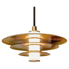 Tiered Arthur Pendant in Etched Brass, White Glass and Blackened Brass Details