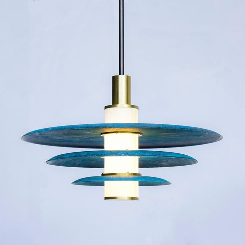 Hand-Crafted Tiered Arthur Pendant in Prussian Blue, White Glass and Satin Brass Details