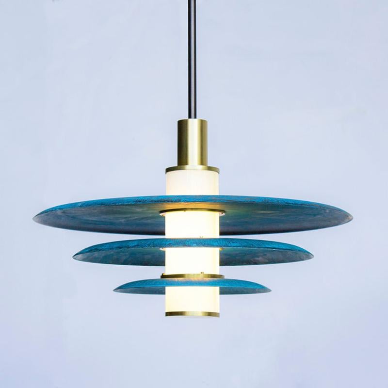 Contemporary Tiered Arthur Pendant in Prussian Blue, White Glass and Satin Brass Details