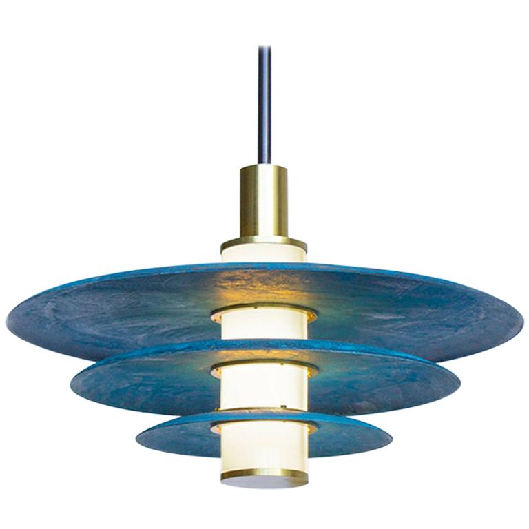 Tiered Arthur Pendant in Prussian Blue, White Glass and Satin Brass Details