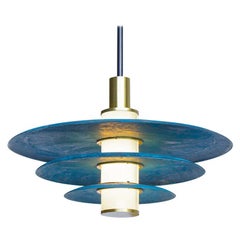 Tiered Arthur Pendant in Prussian Blue, White Glass and Satin Brass Details