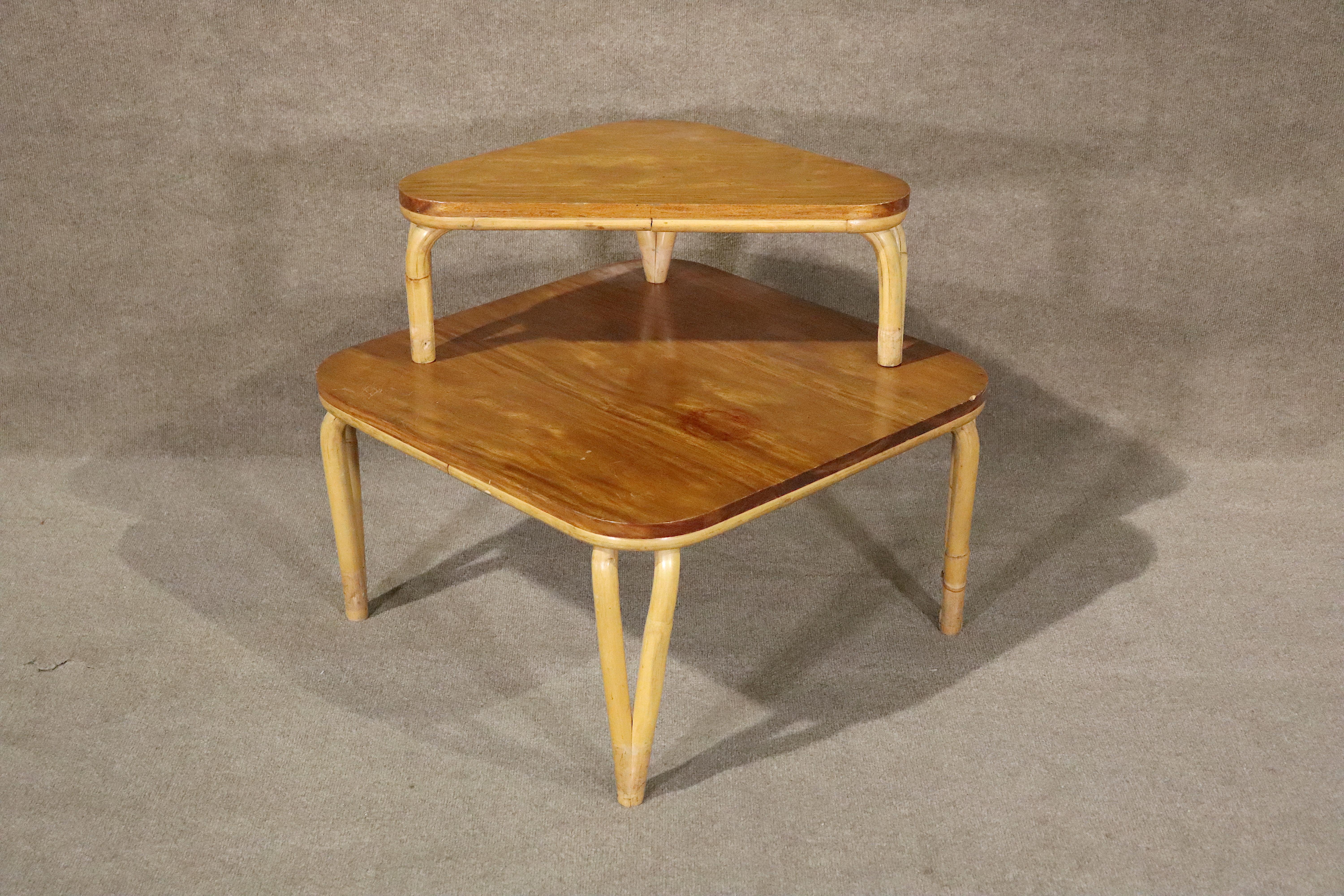 Mid-century corner table in bamboo and mahogany with tiered top. Top is removable.
Please confirm location NY or NJ