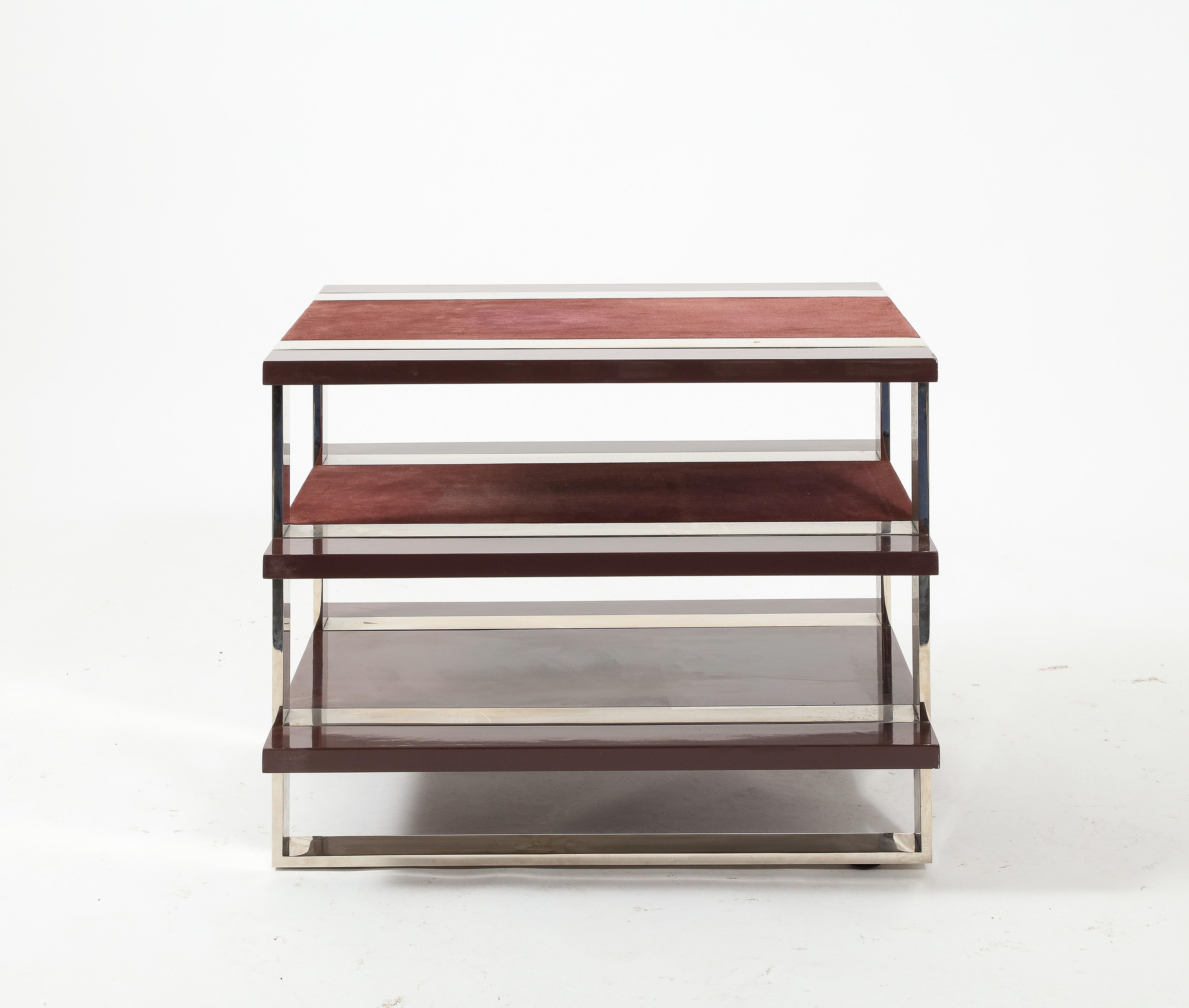 Tiered End Side Table in Purple Lacquer, Chrome and Suede  For Sale 6