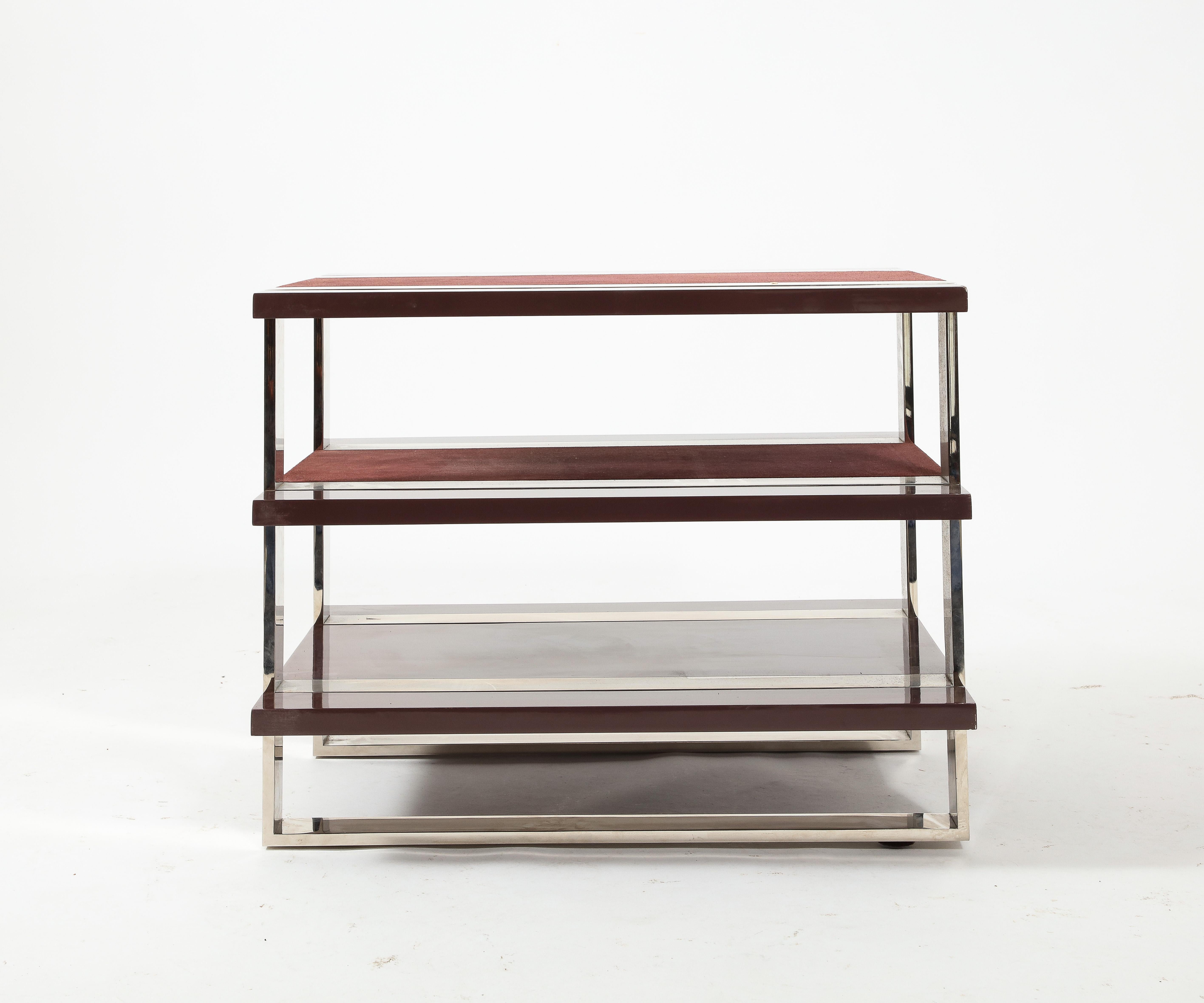 Tiered End Side Table in Purple Lacquer, Chrome and Suede  For Sale 7