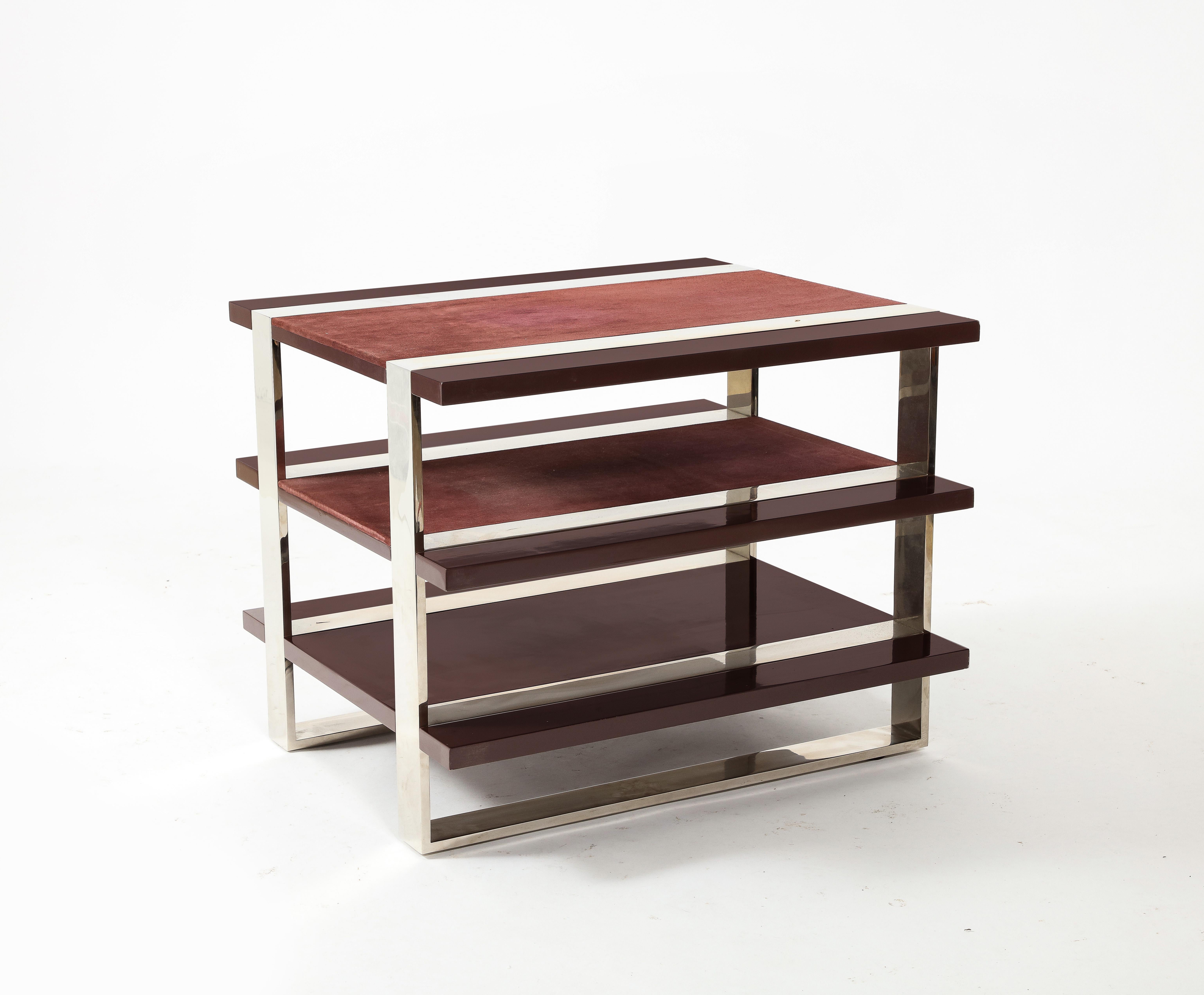 Contemporary Tiered End Side Table in Purple Lacquer, Chrome and Suede  For Sale
