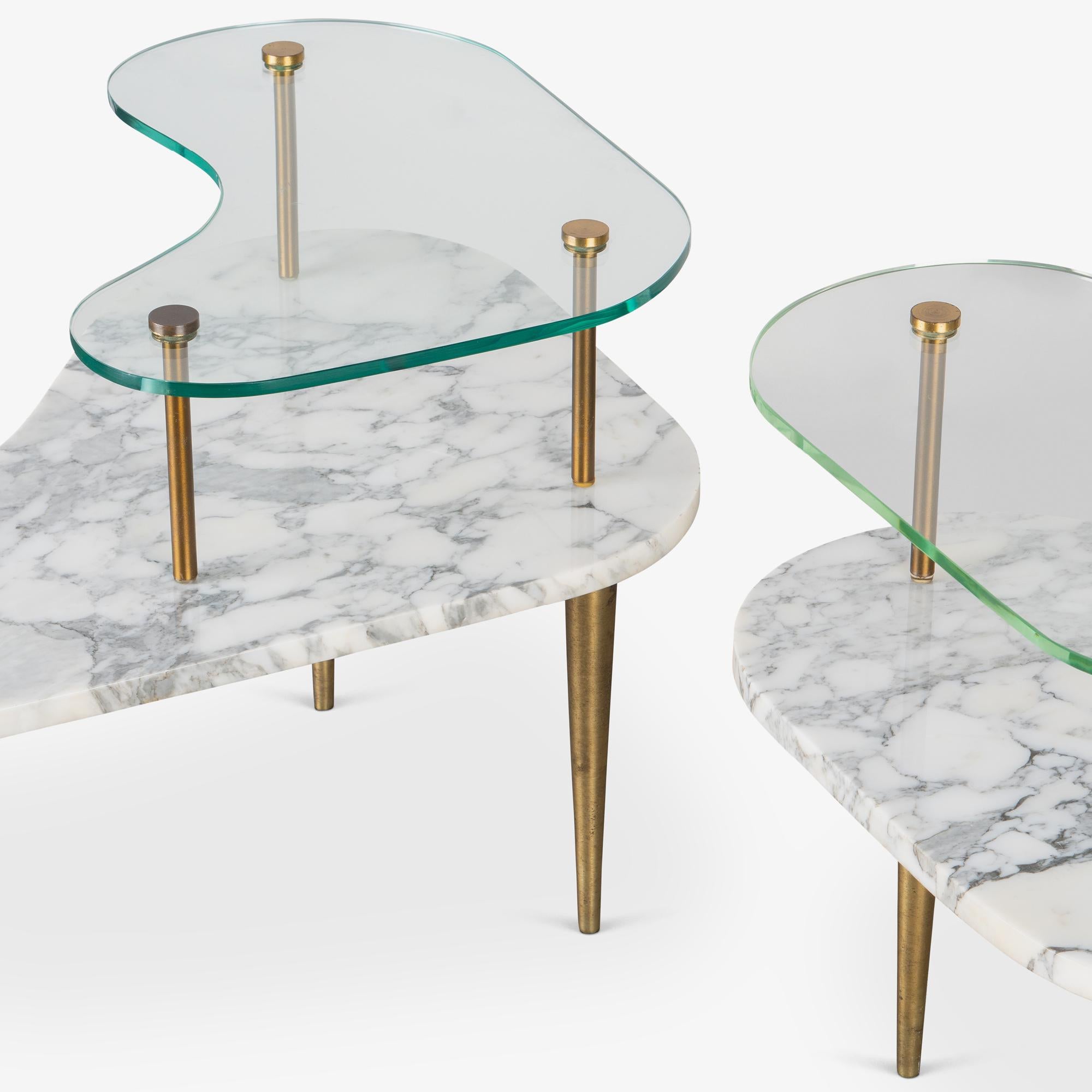 Tiered Italian Organic Form Side Tables in Carrara Marble, Glass, & Brass, Pair For Sale 6