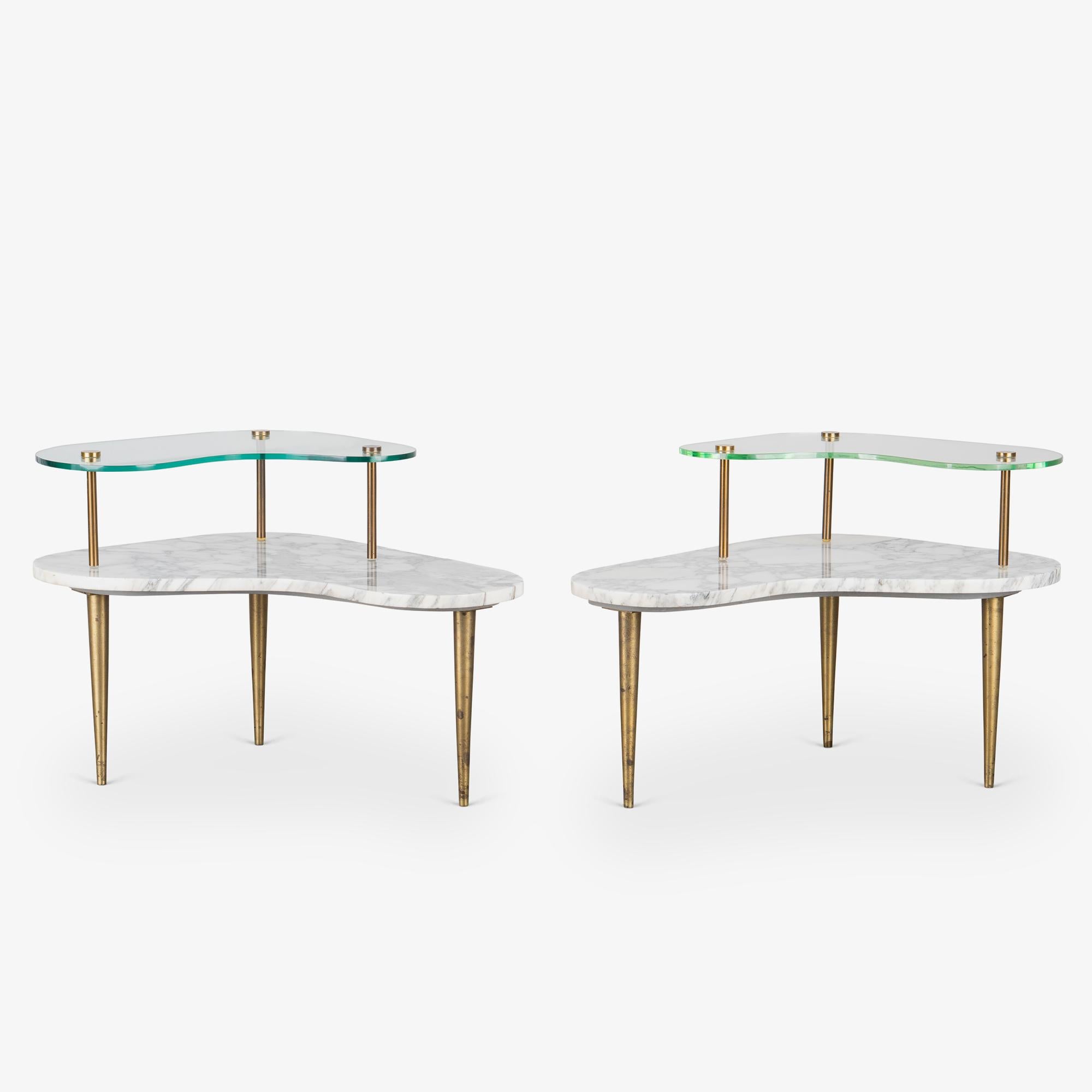 Mid-Century Modern Tiered Italian Organic Form Side Tables in Carrara Marble, Glass, & Brass, Pair For Sale