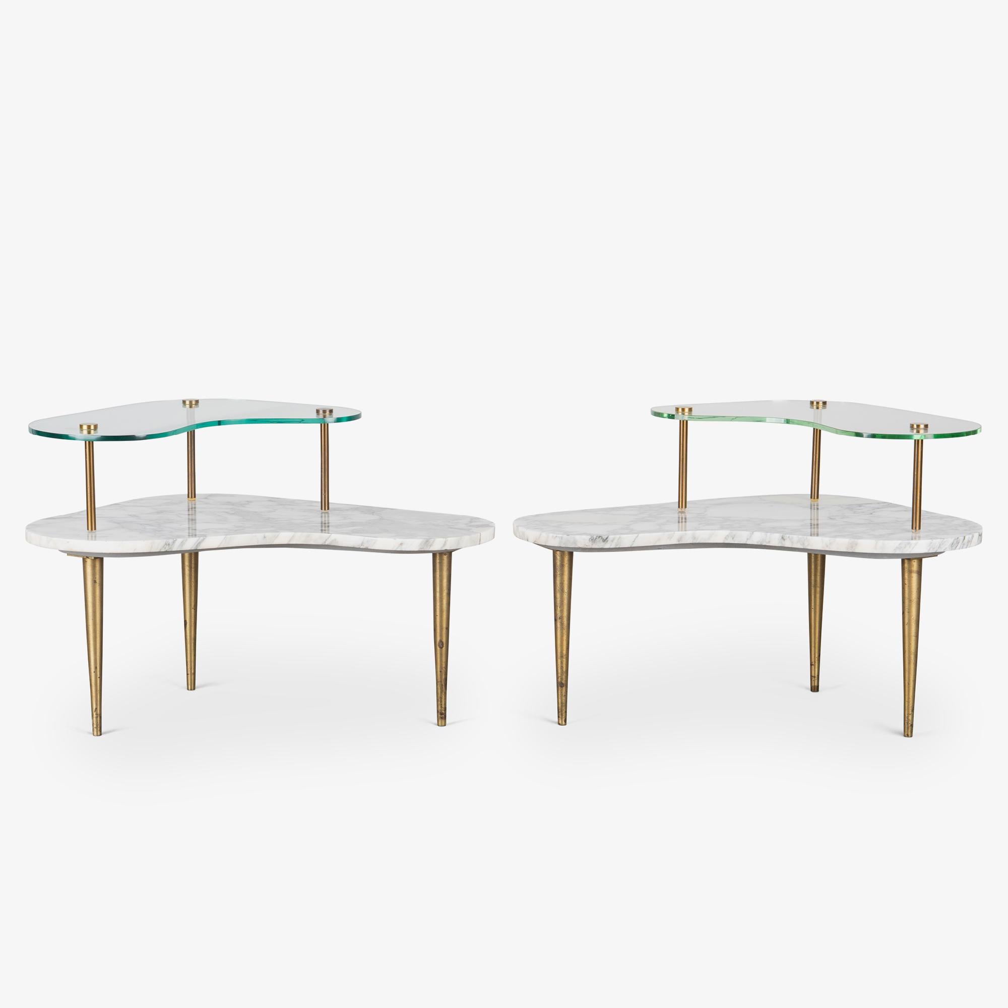 Mid-20th Century Tiered Italian Organic Form Side Tables in Carrara Marble, Glass, & Brass, Pair For Sale