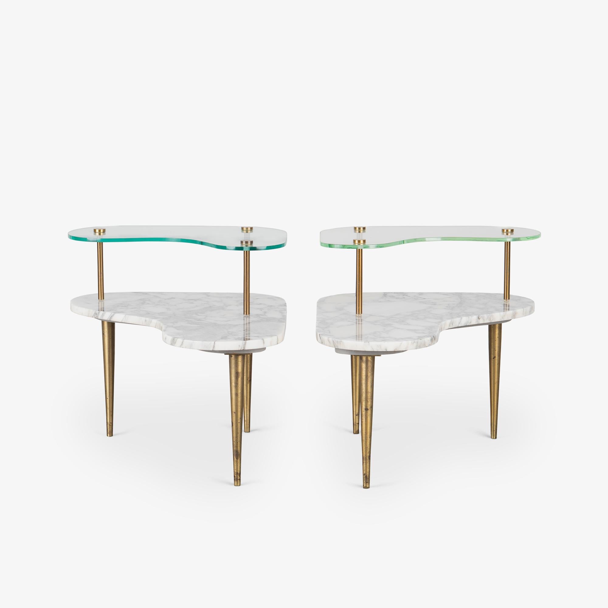 Tiered Italian Organic Form Side Tables in Carrara Marble, Glass, & Brass, Pair For Sale 1