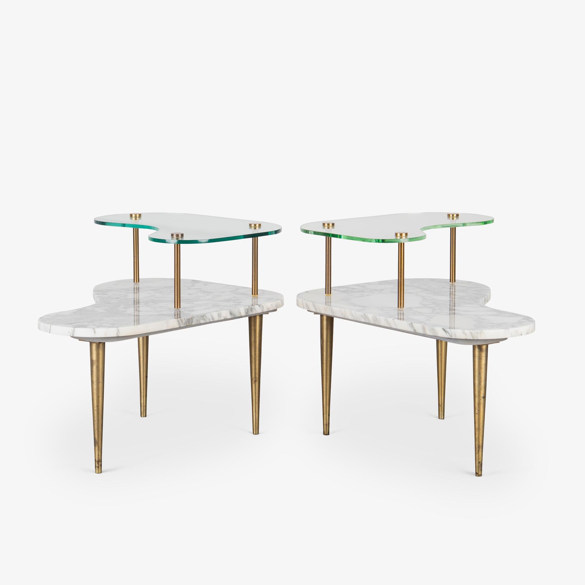 Tiered Italian Organic Form Side Tables in Carrara Marble, Glass, & Brass, Pair For Sale 2