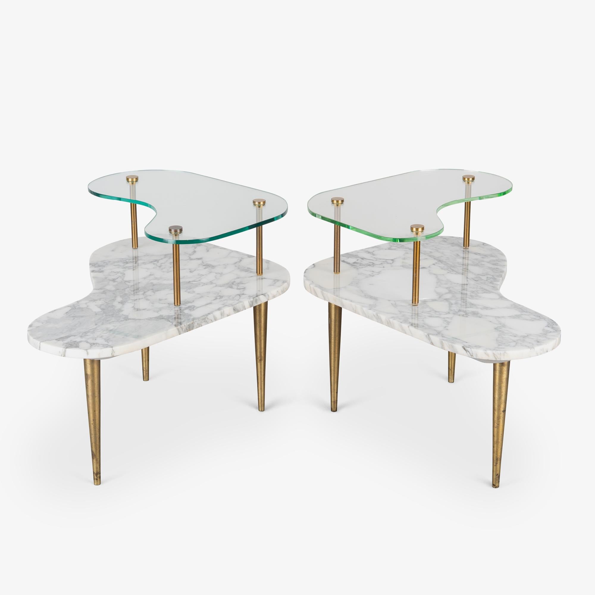 Tiered Italian Organic Form Side Tables in Carrara Marble, Glass, & Brass, Pair For Sale 3